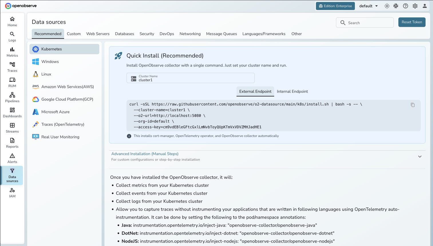 OpenObserve Data Sources - Kubernetes Logs