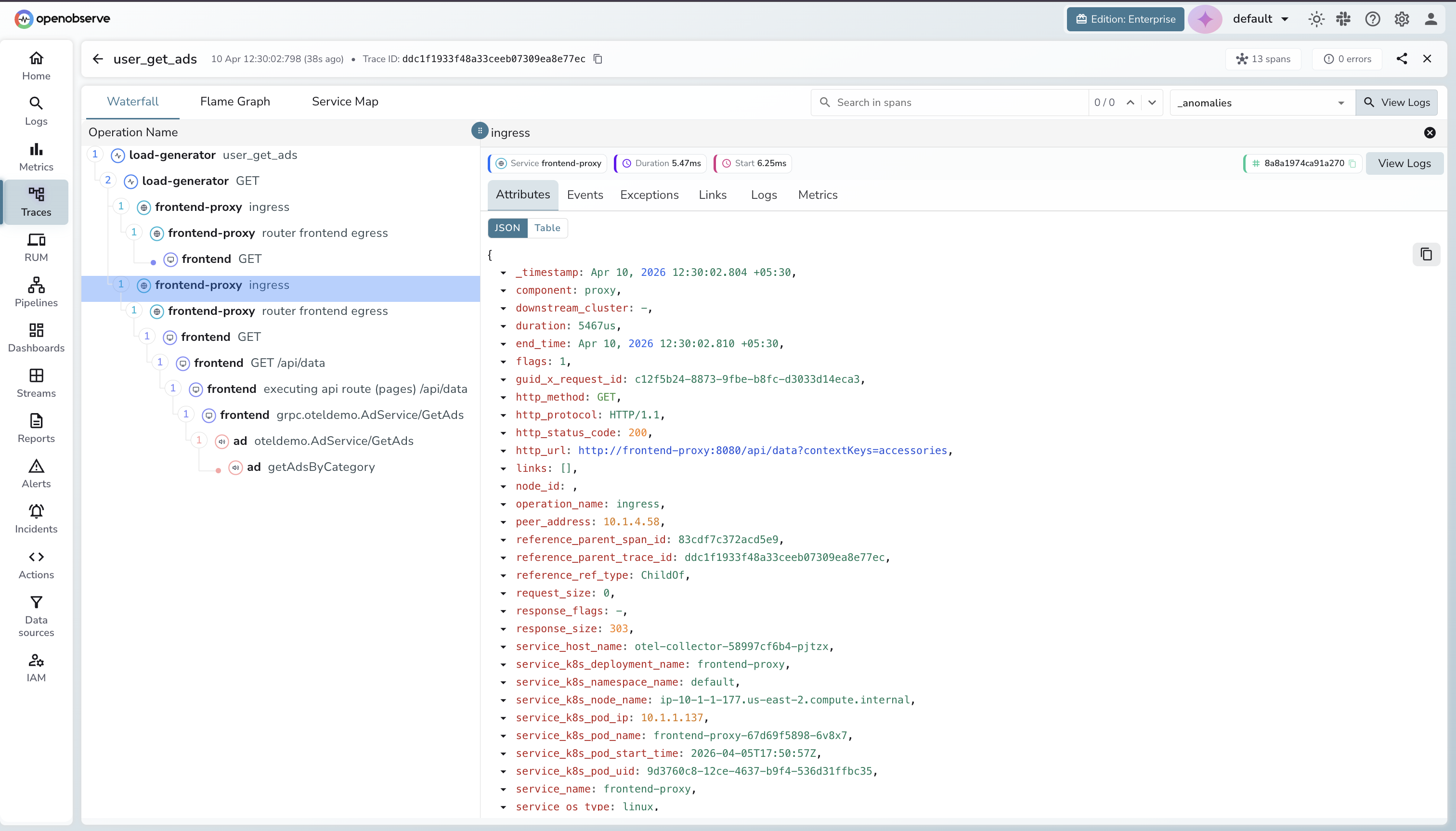 OpenObserve Trace Detail View