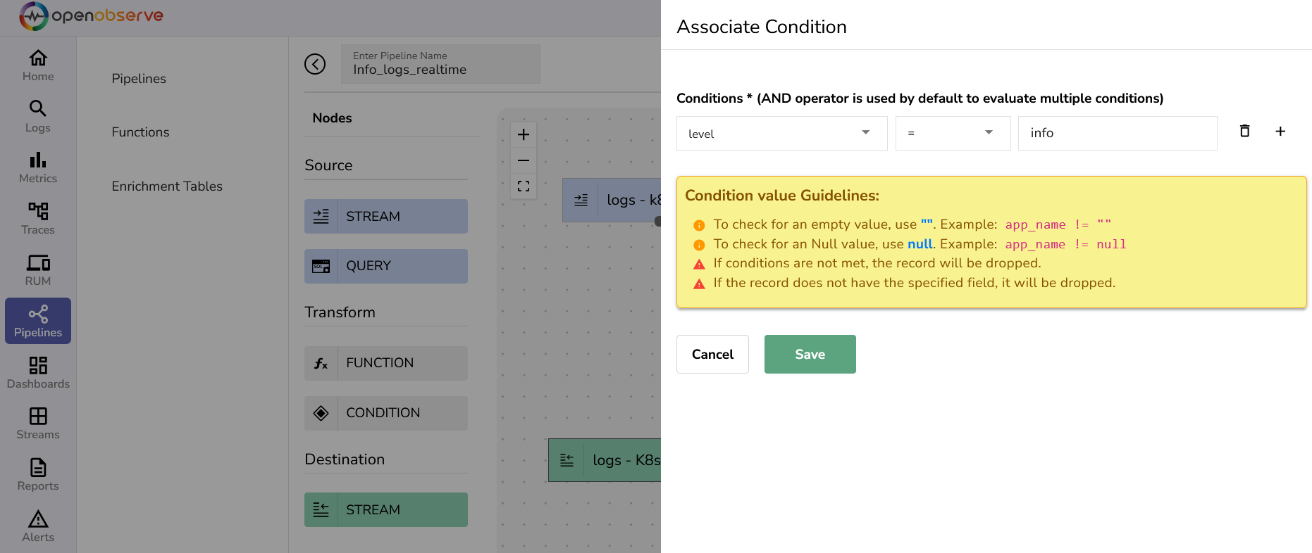 condition in realtime pipeline