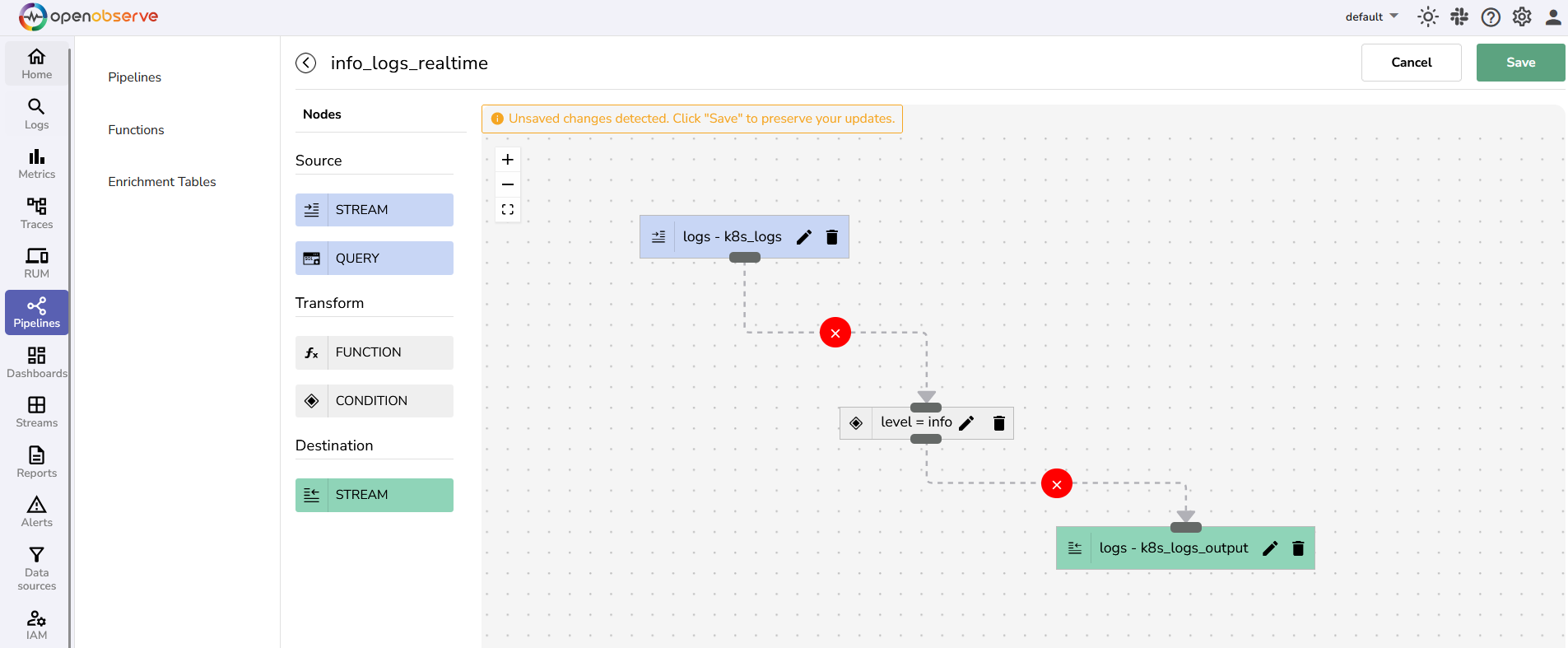 realtime pipeline node connection