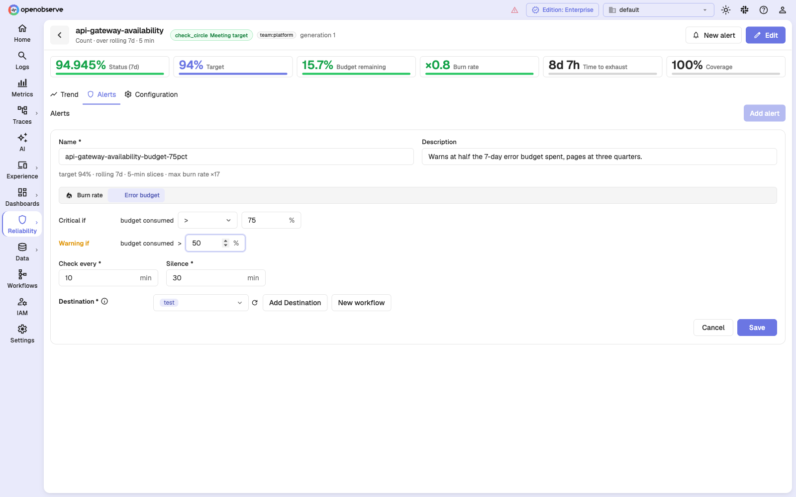SLO alert form in error budget mode, with critical at 75% and warning at 50% of budget consumed