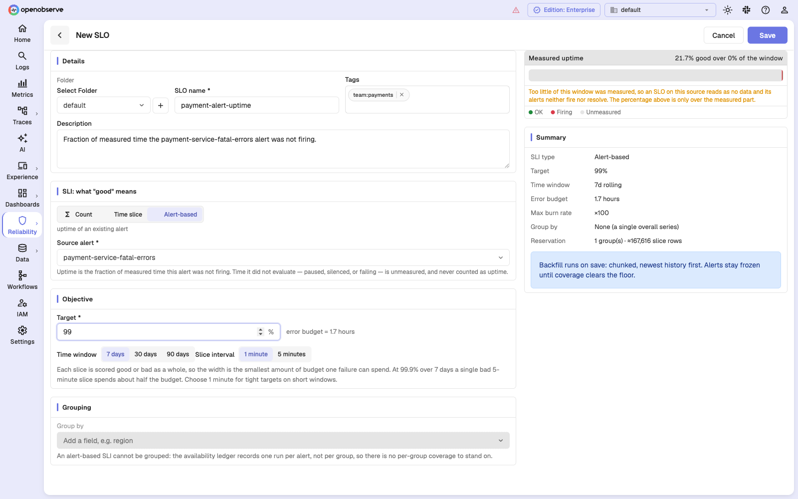 New SLO form configured as an alert-based SLI, with the source alert picker and the measured-uptime preview