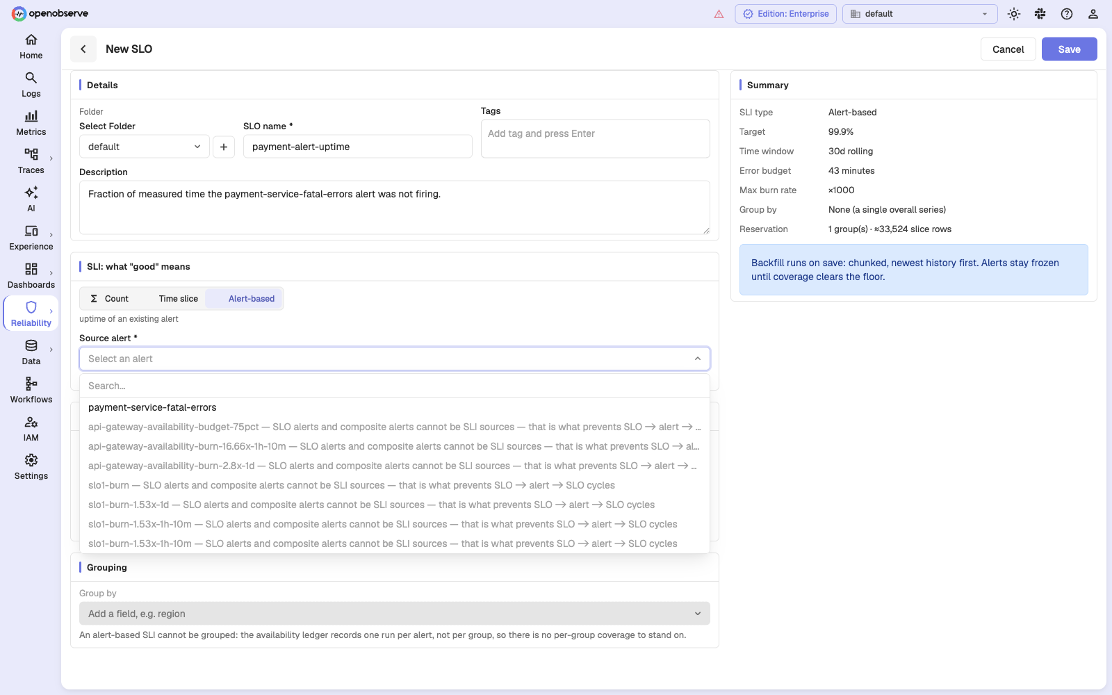 Source alert picker showing one eligible alert and several greyed-out ineligible alerts with reasons