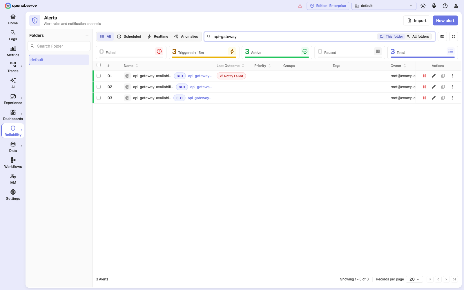 Alerts list with three SLO alerts, each carrying an SLO badge and a link to its SLO