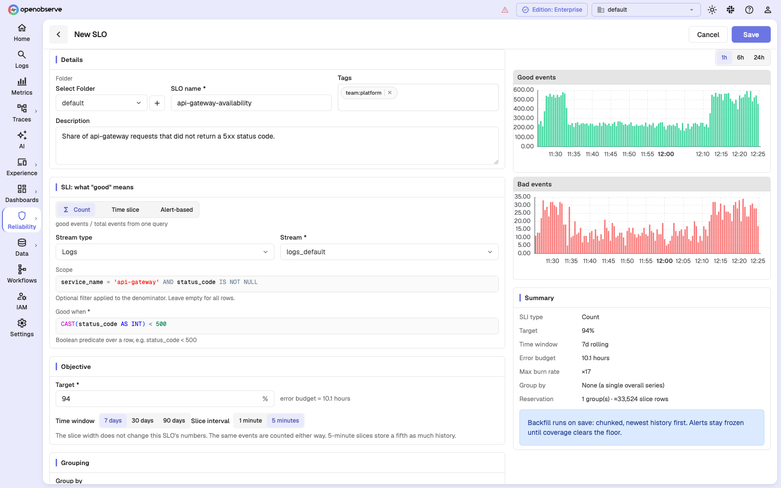 New SLO form configured as a count SLI, with scope, good-when predicate, and the good/bad events preview