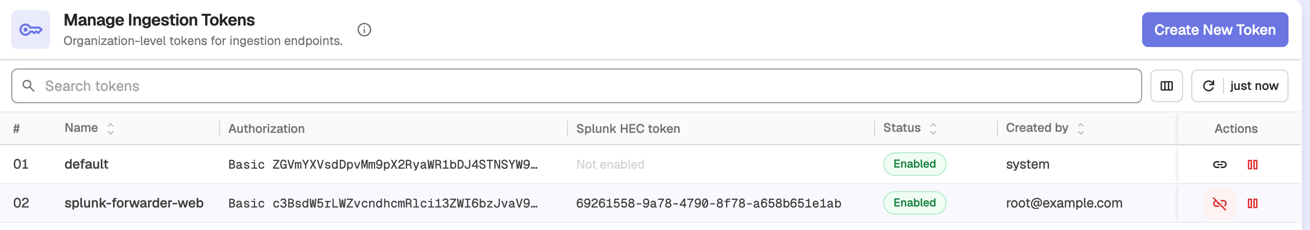 Ingestion Tokens page with the Splunk HEC token column and the generate and revoke actions