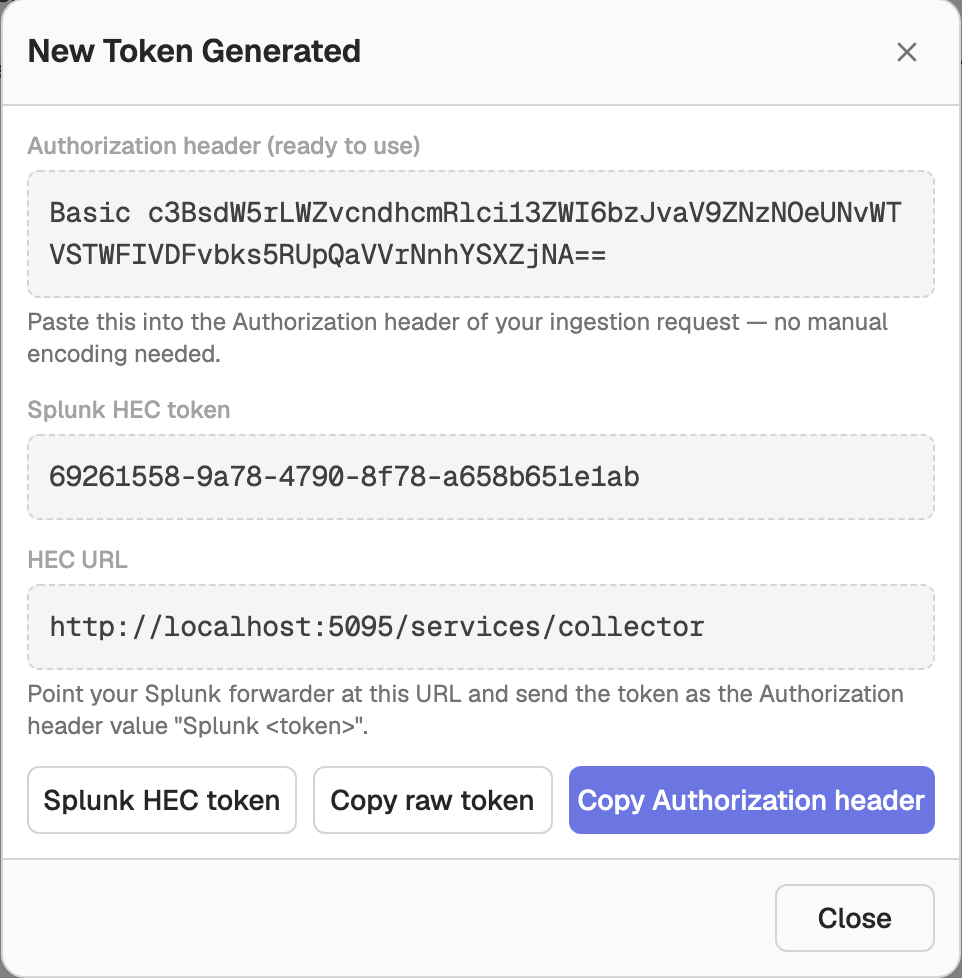 New Token Generated dialog showing the Splunk HEC token and the HEC URL