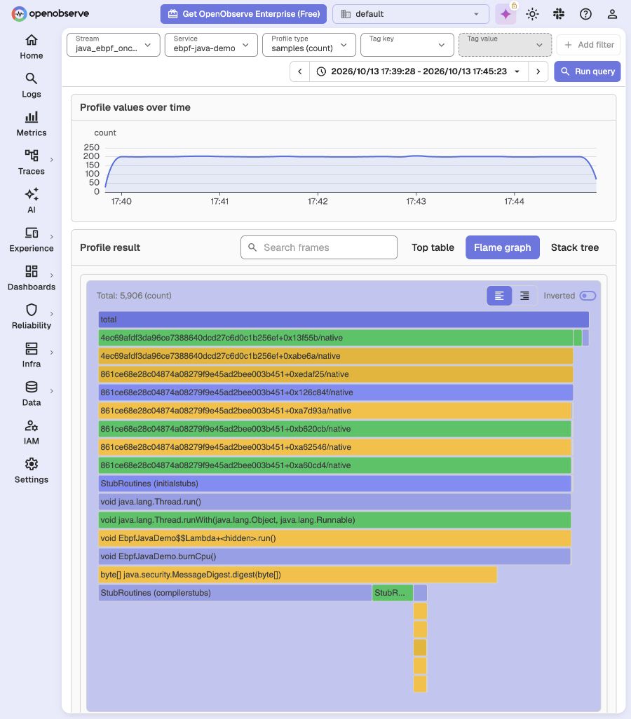Java eBPF on-CPU flame graph with resolved HotSpot method names