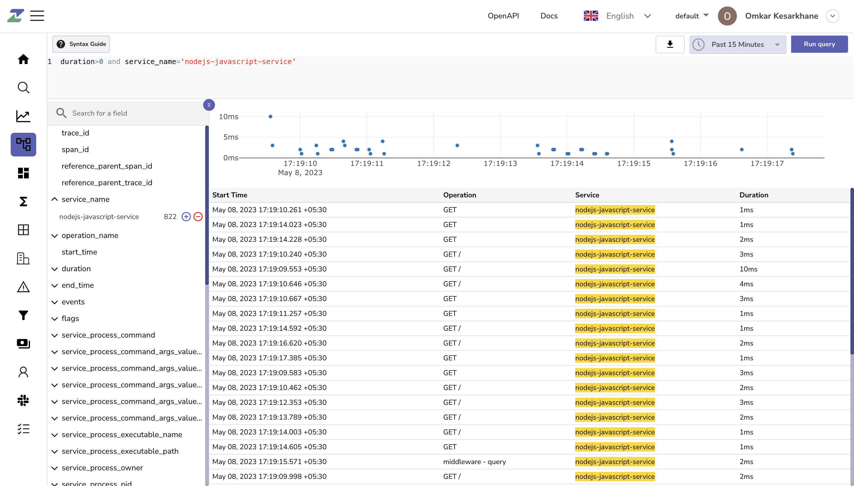 Filter traces with service name