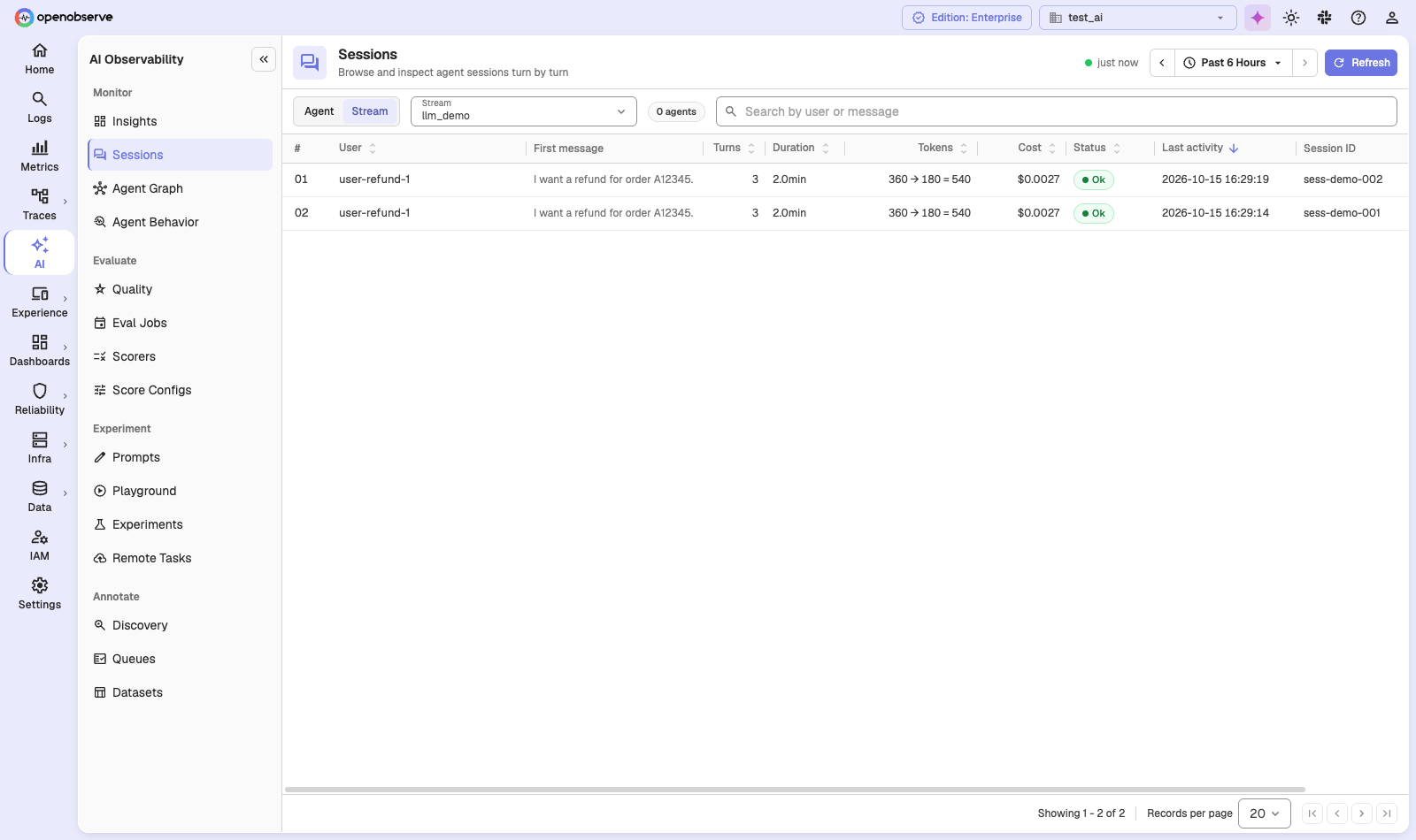 the Sessions list with user, first message, turns, tokens, cost, and status