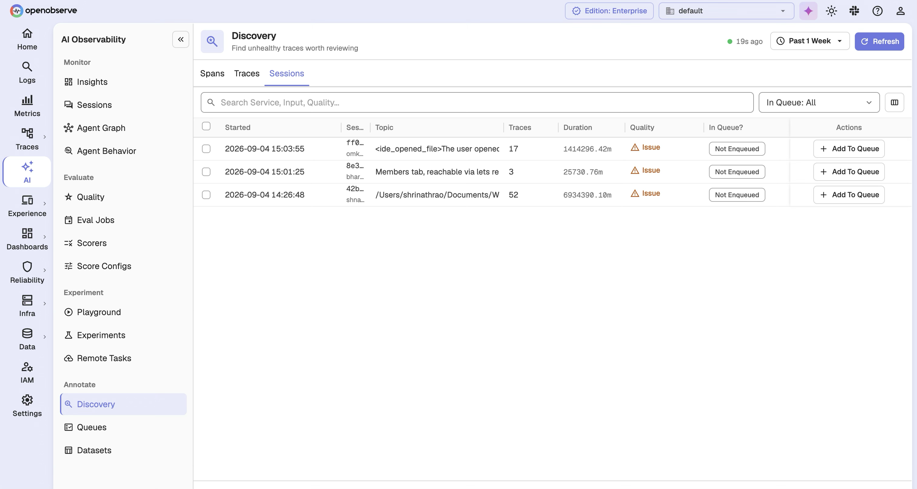 The Discovery page showing issue quality cells and scope totals
