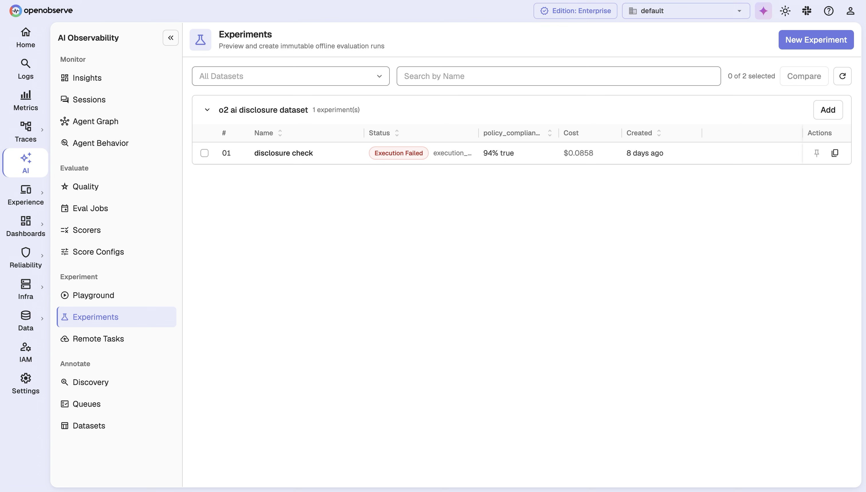 Experiments list showing consolidated status, progress, and cost summary