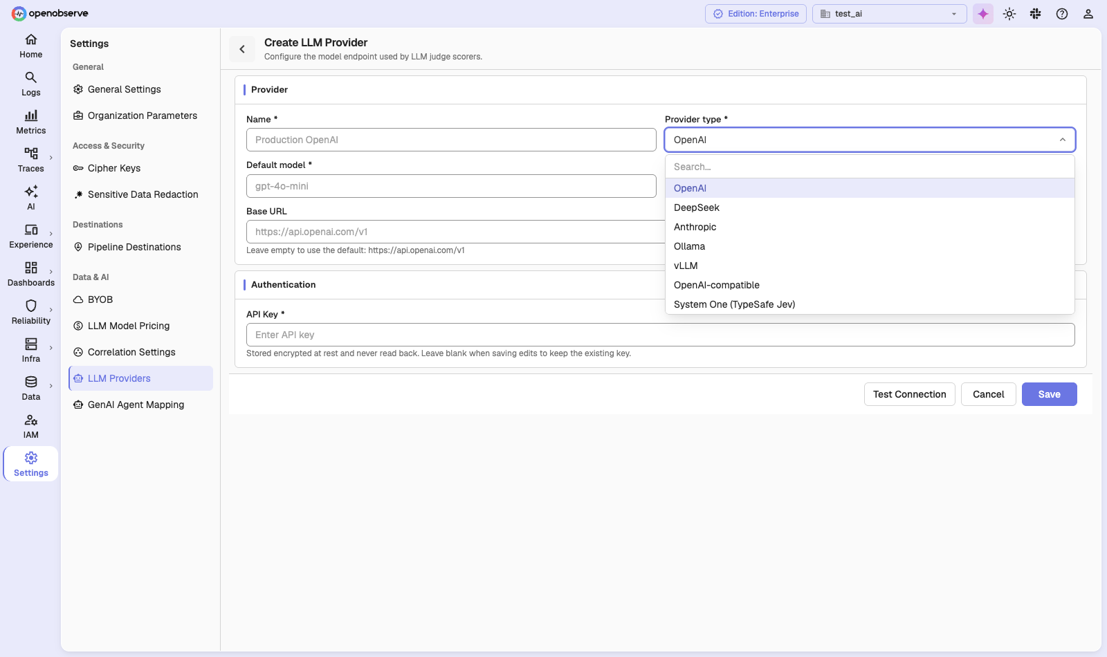 the Create LLM Provider form with the provider type list open