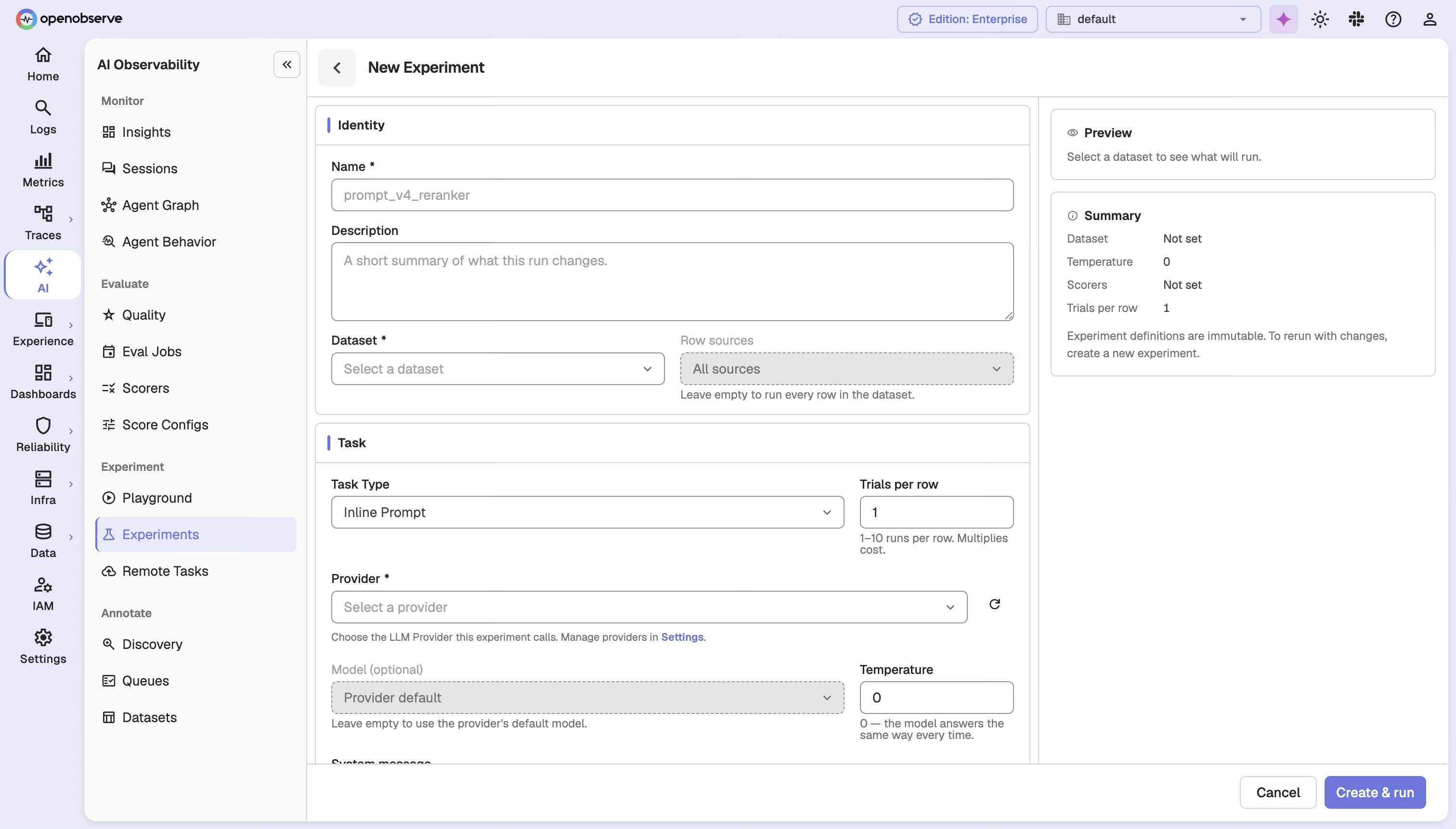Experiment creation form