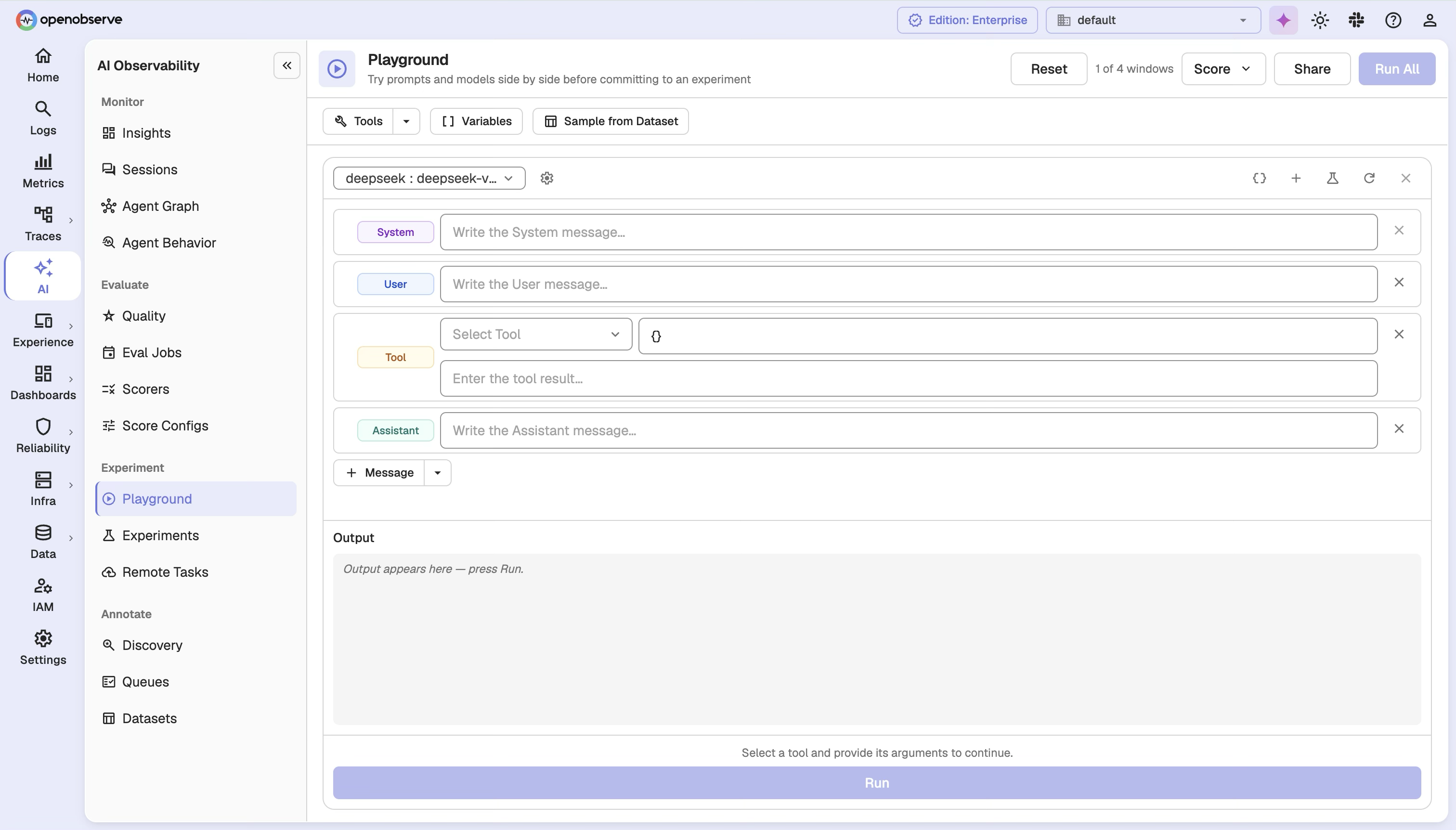 The variant configuration panel with provider, model, messages, and parameters