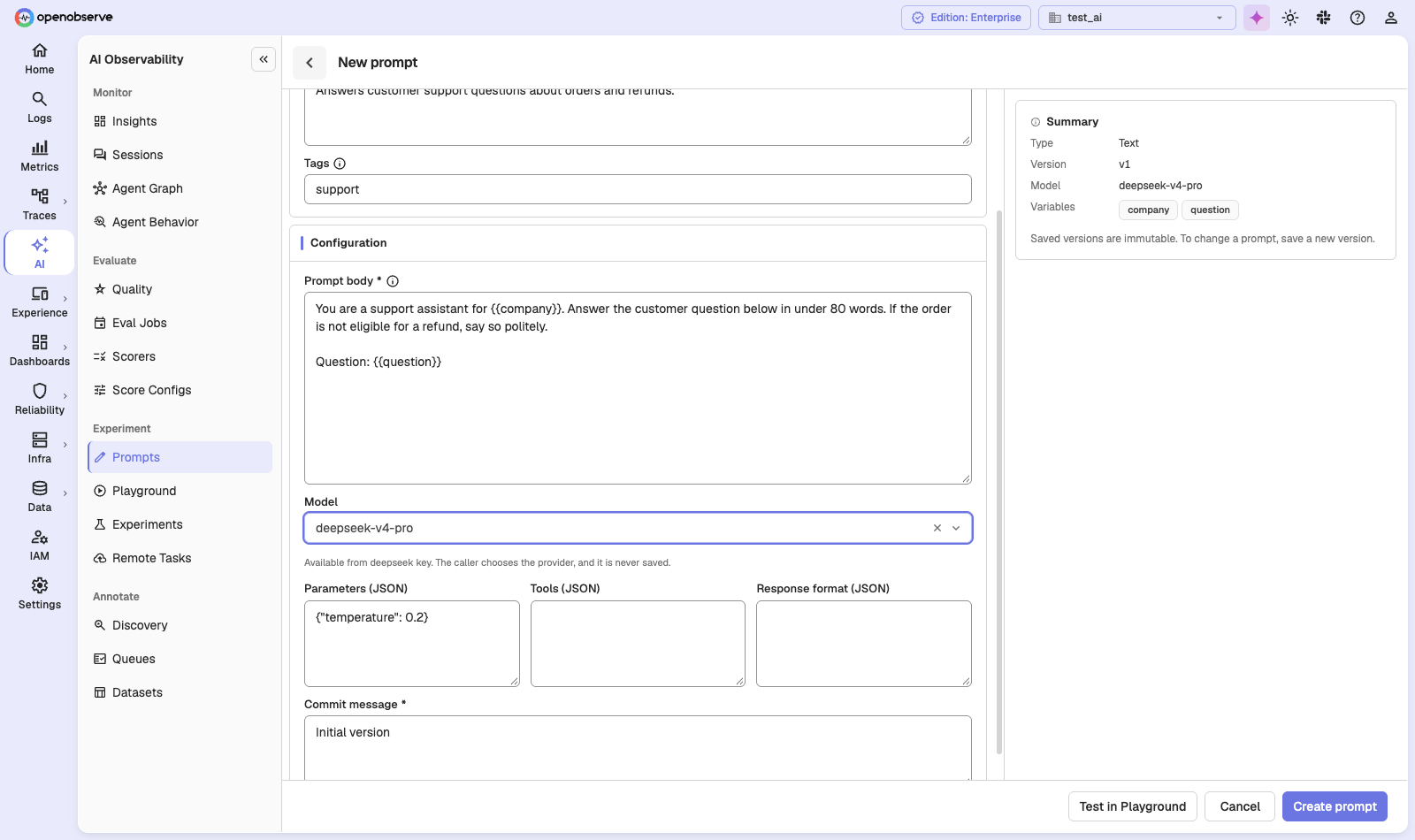 the New prompt form with a text prompt, two variables, and a model