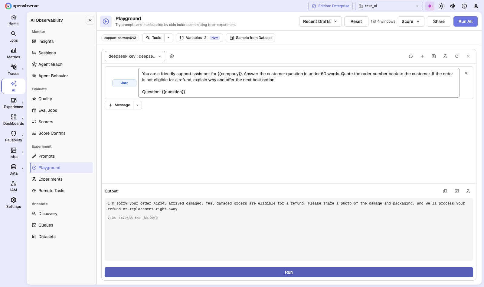the Playground with the support-answer prompt loaded and a completed run