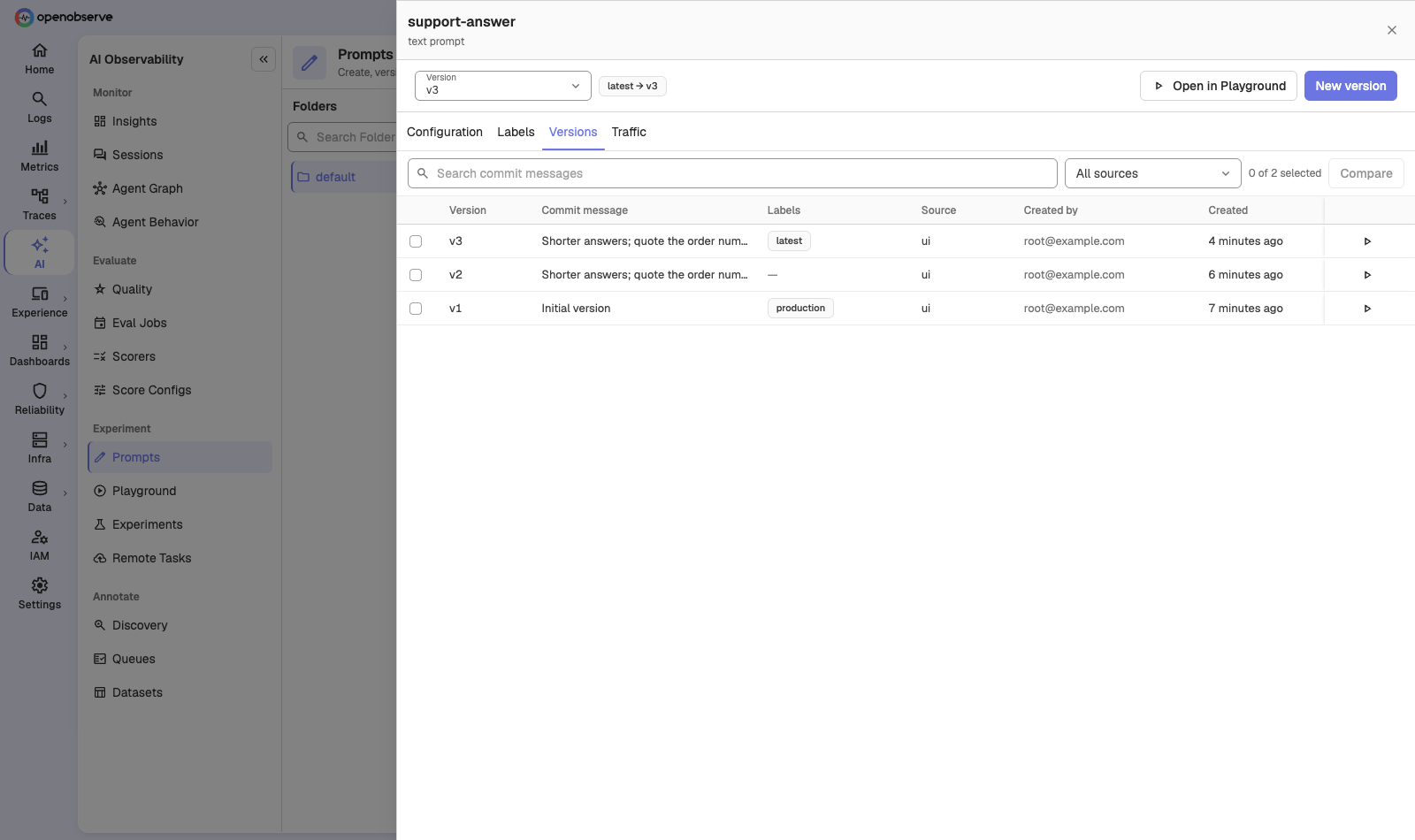 the Versions tab listing three versions with their commit messages and labels