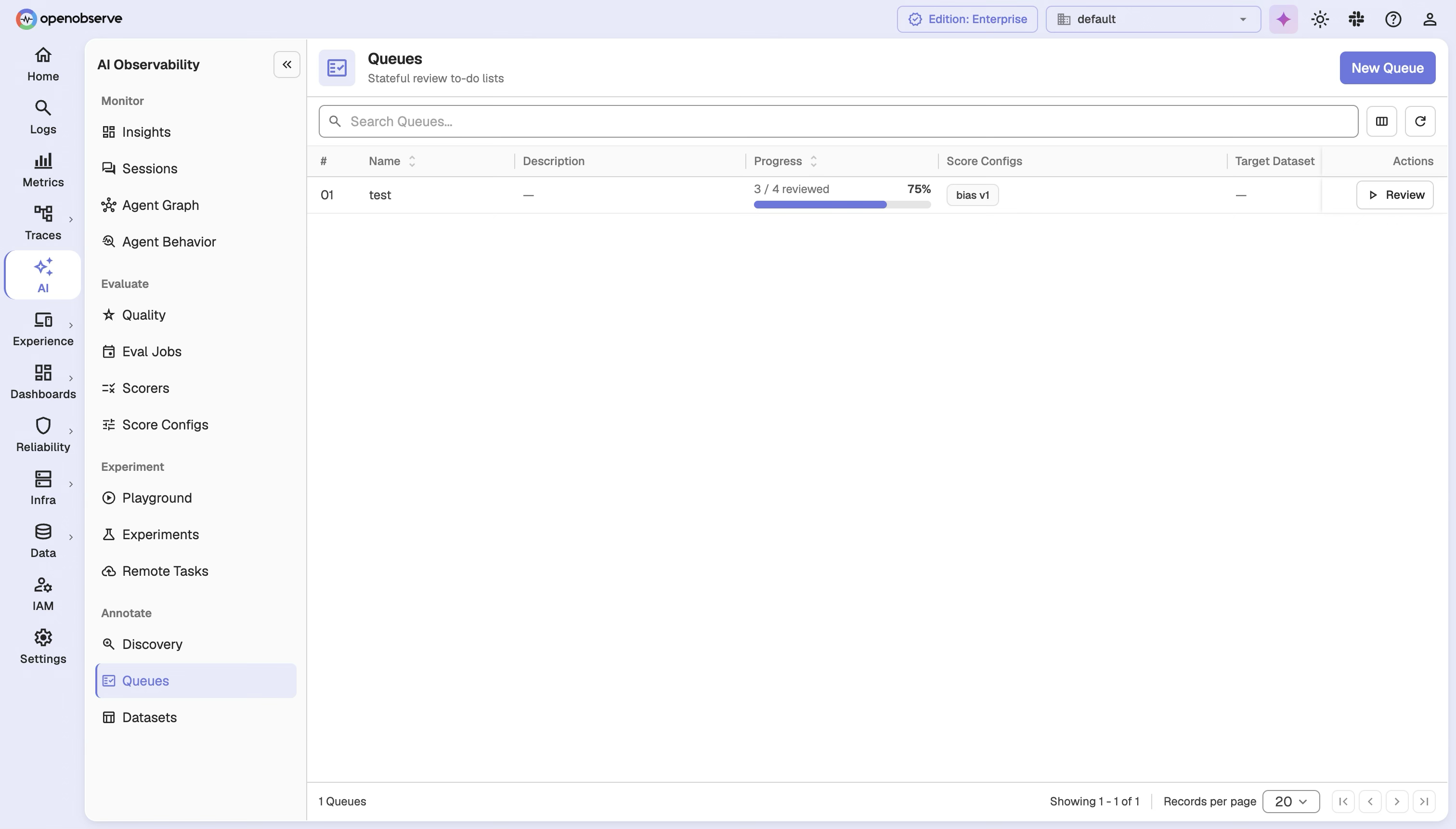 the Annotation Queues list page showing review progress