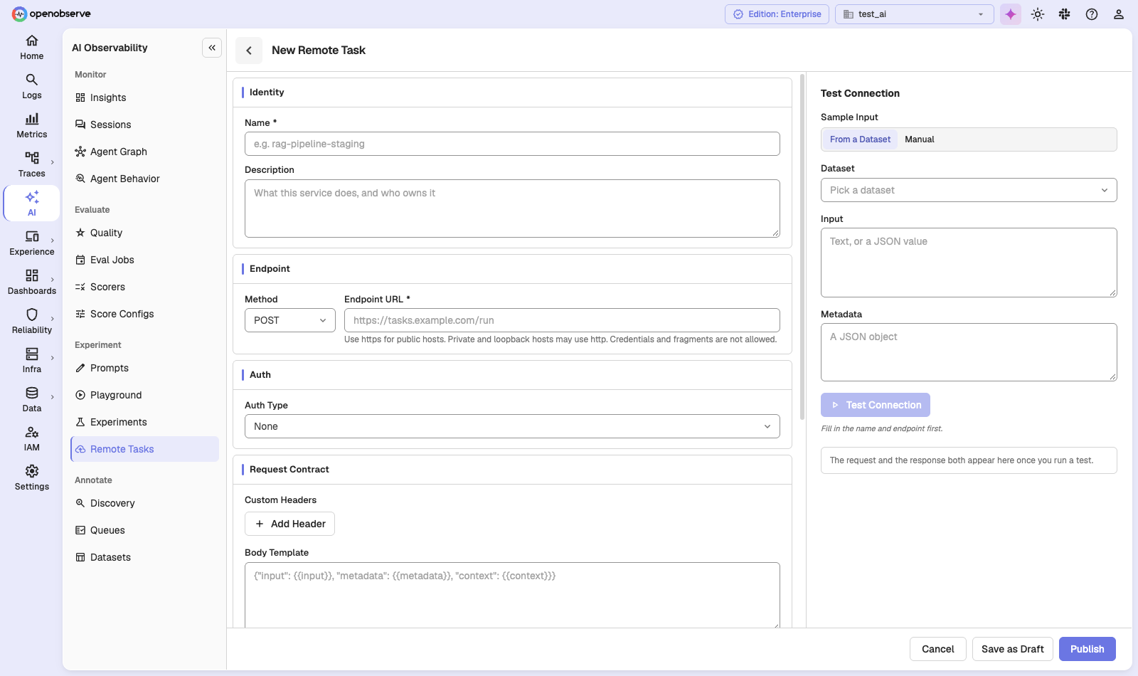 the New Remote Task form with the Test Connection panel