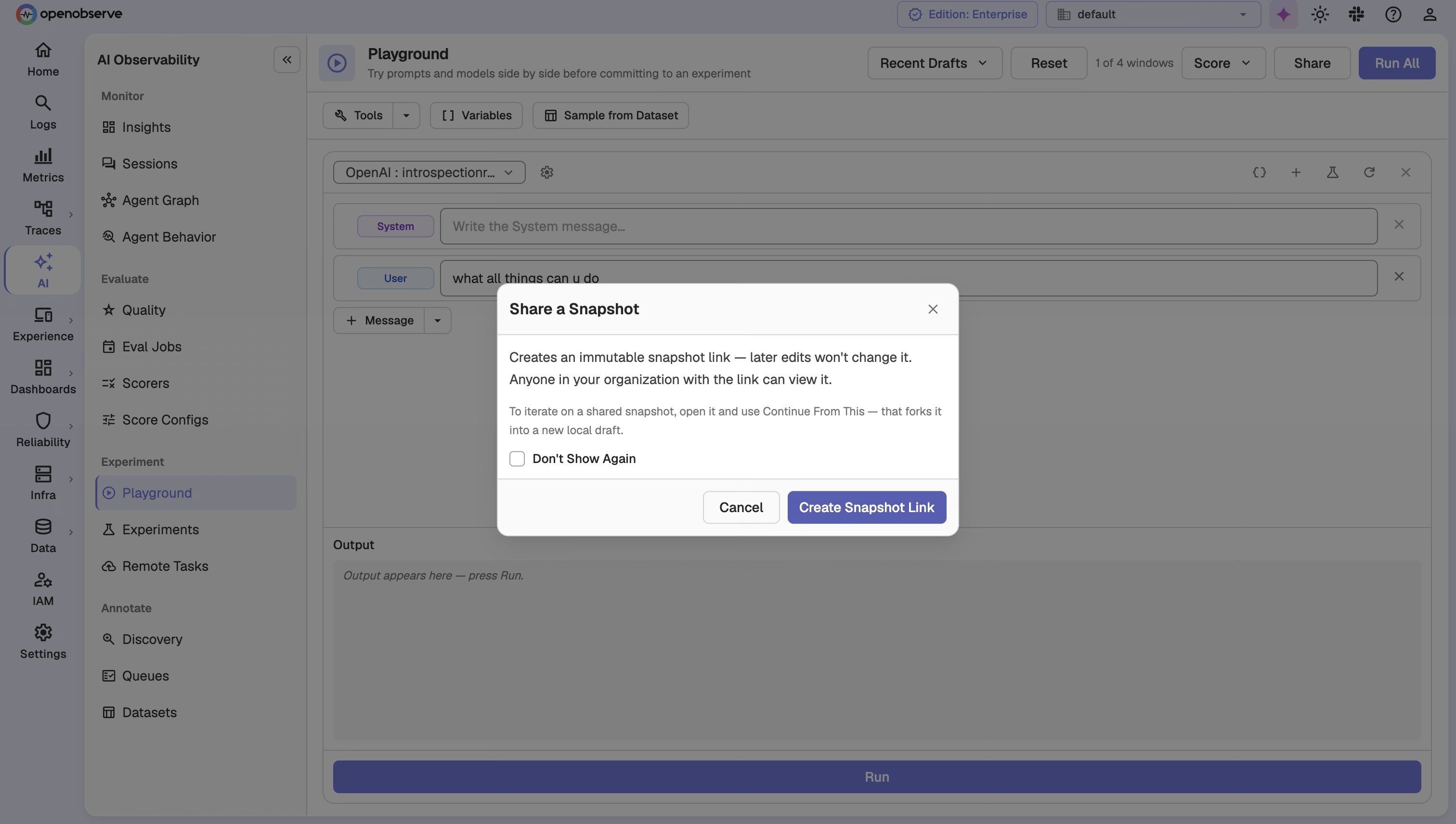 The share snapshot dialog showing the short link