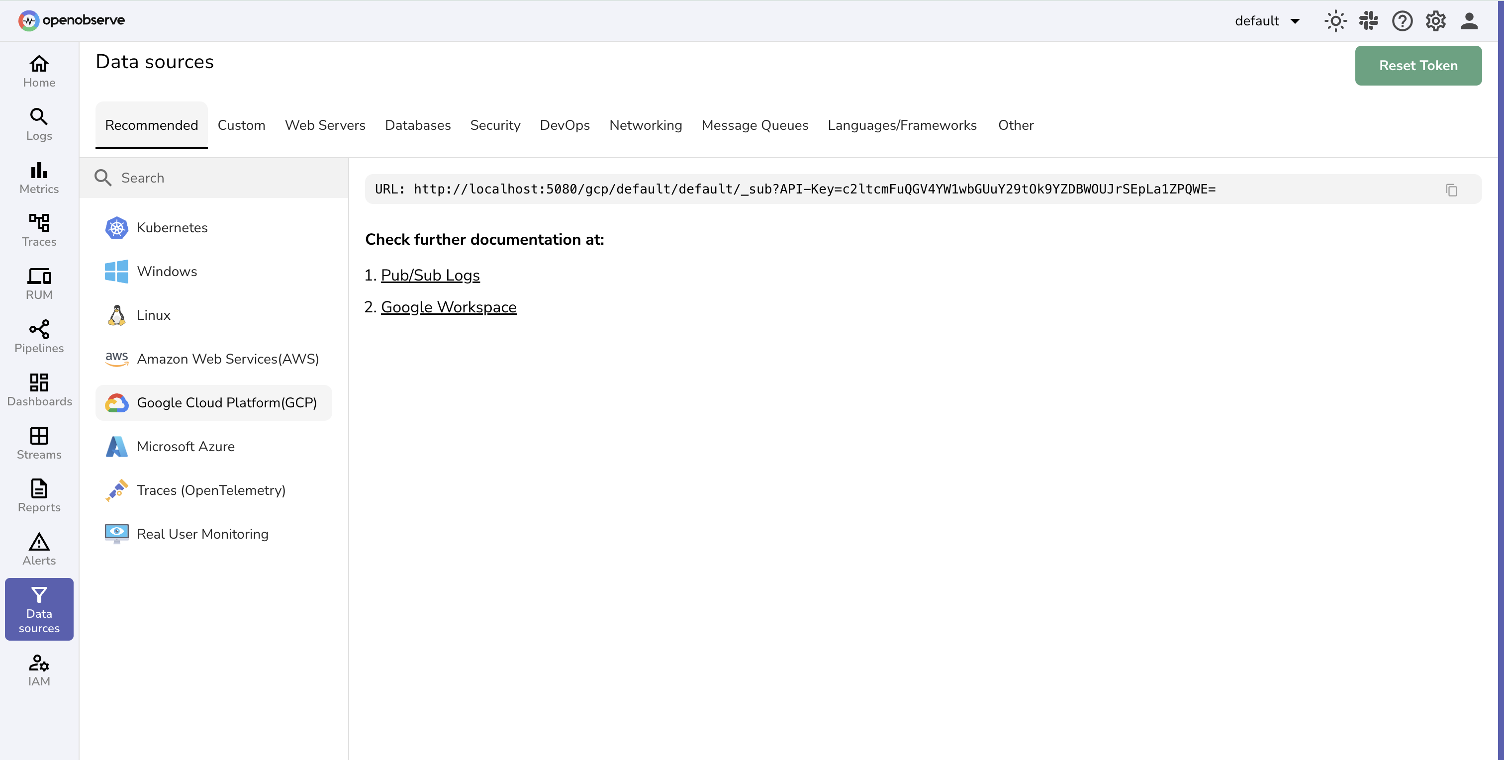 GCP Data source page