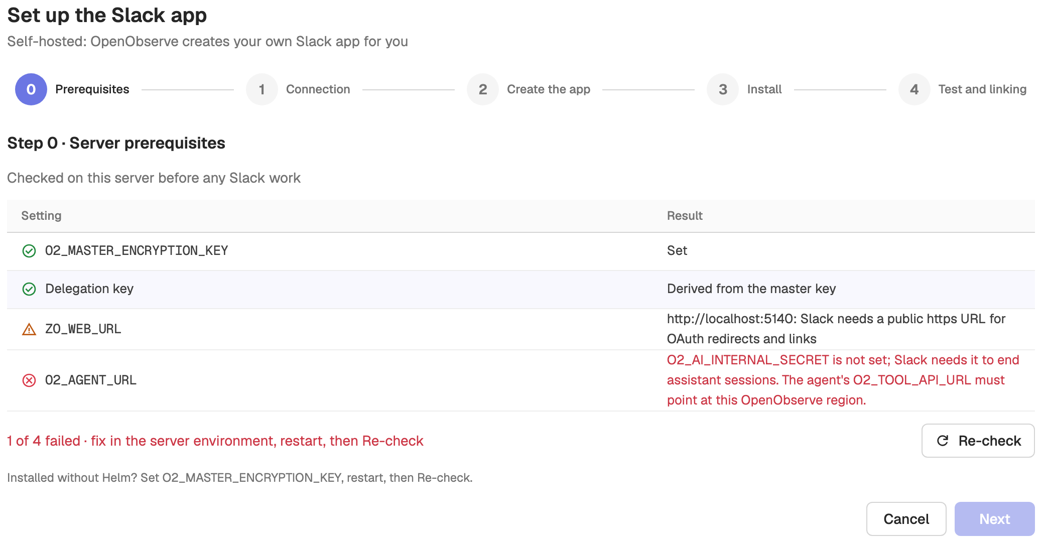 Step 0 server prerequisites checklist in the Slack setup wizard