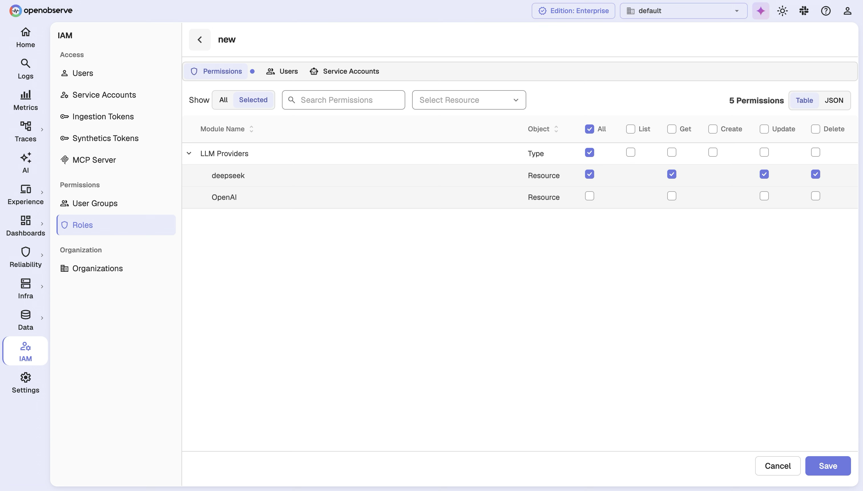 Entity selection for LLM Providers within the custom role editor