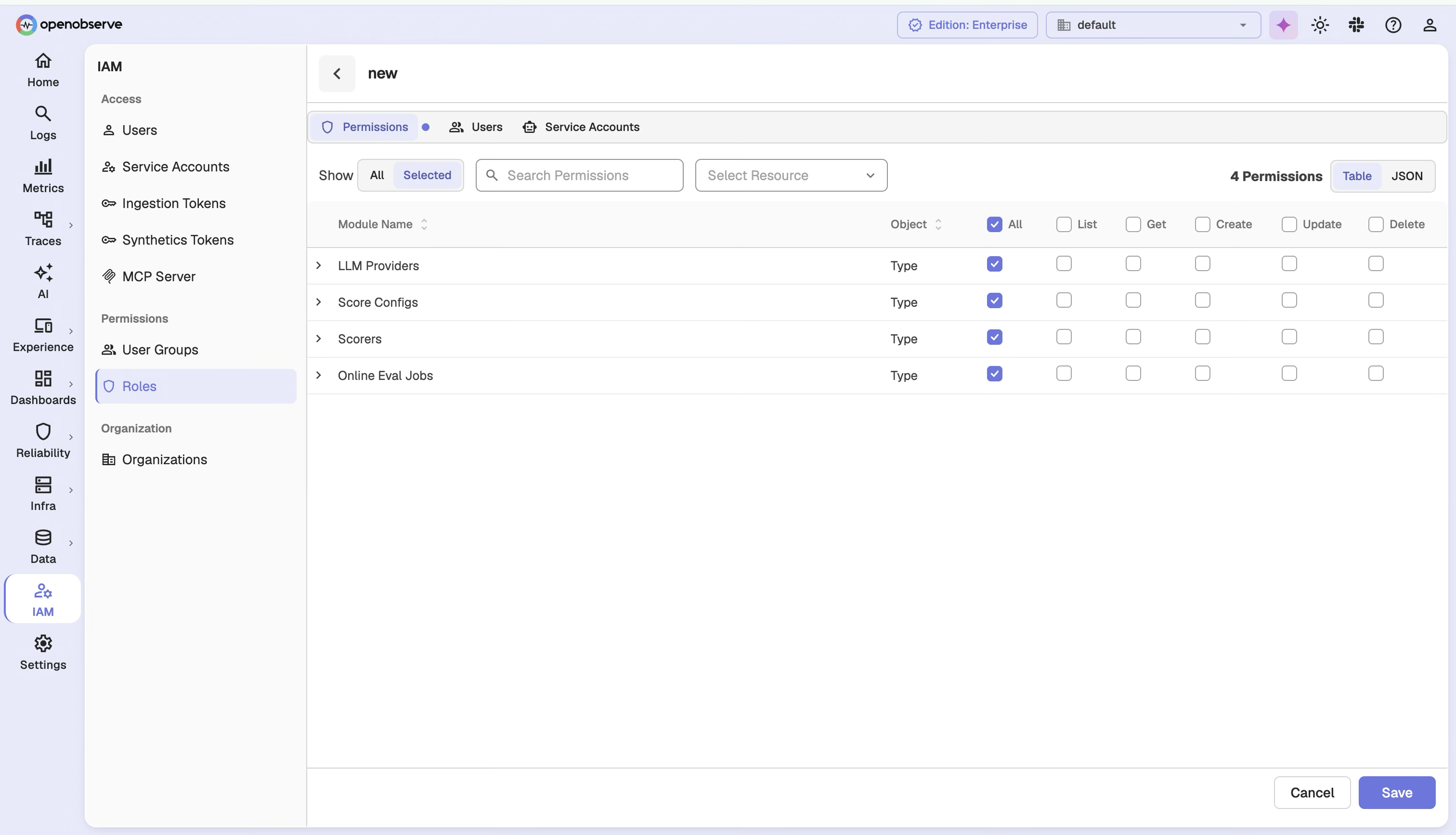 Custom role editor permission list showing the LLM Evaluations resources (LLM Providers, Score Configs, Scorers, Online Eval Jobs)