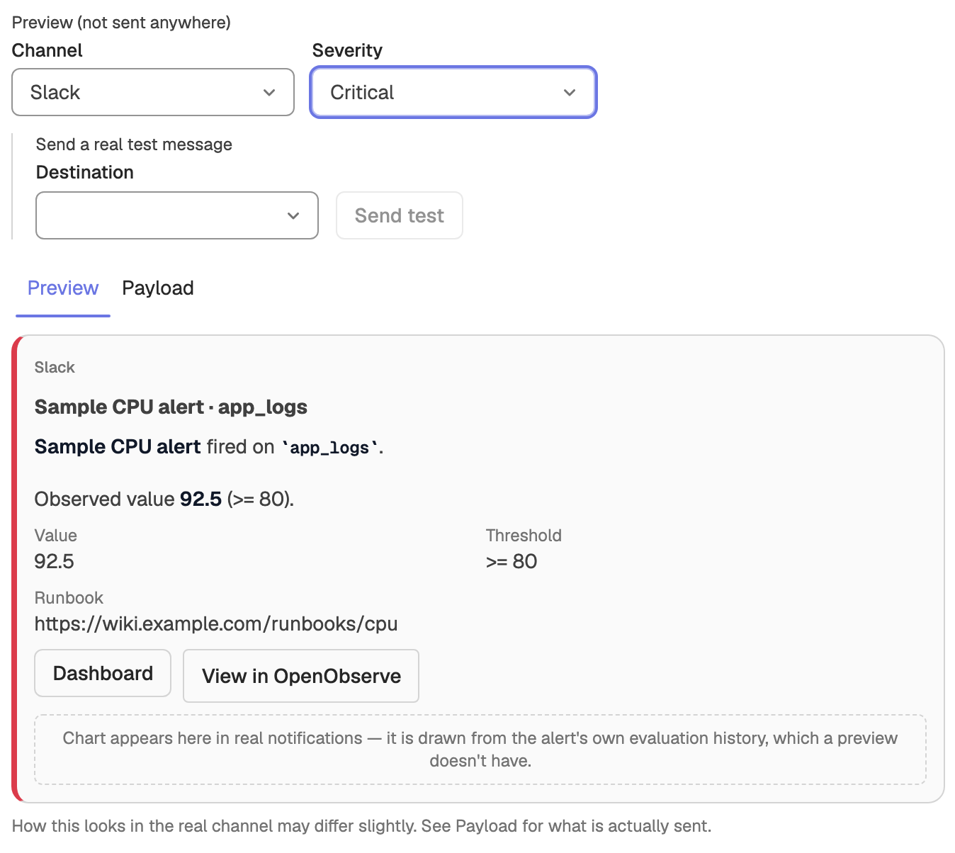 Template preview for Slack at Critical severity, showing a field that appears only for critical alerts