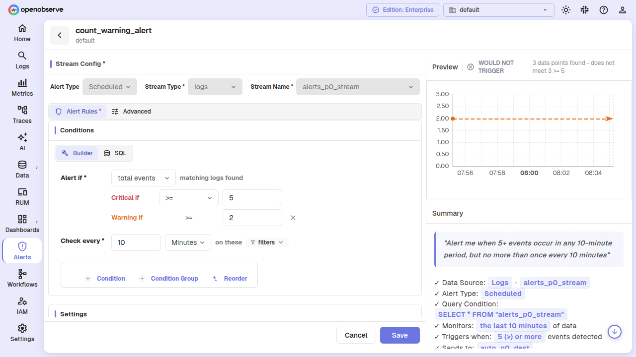 count-based alert with warning threshold field