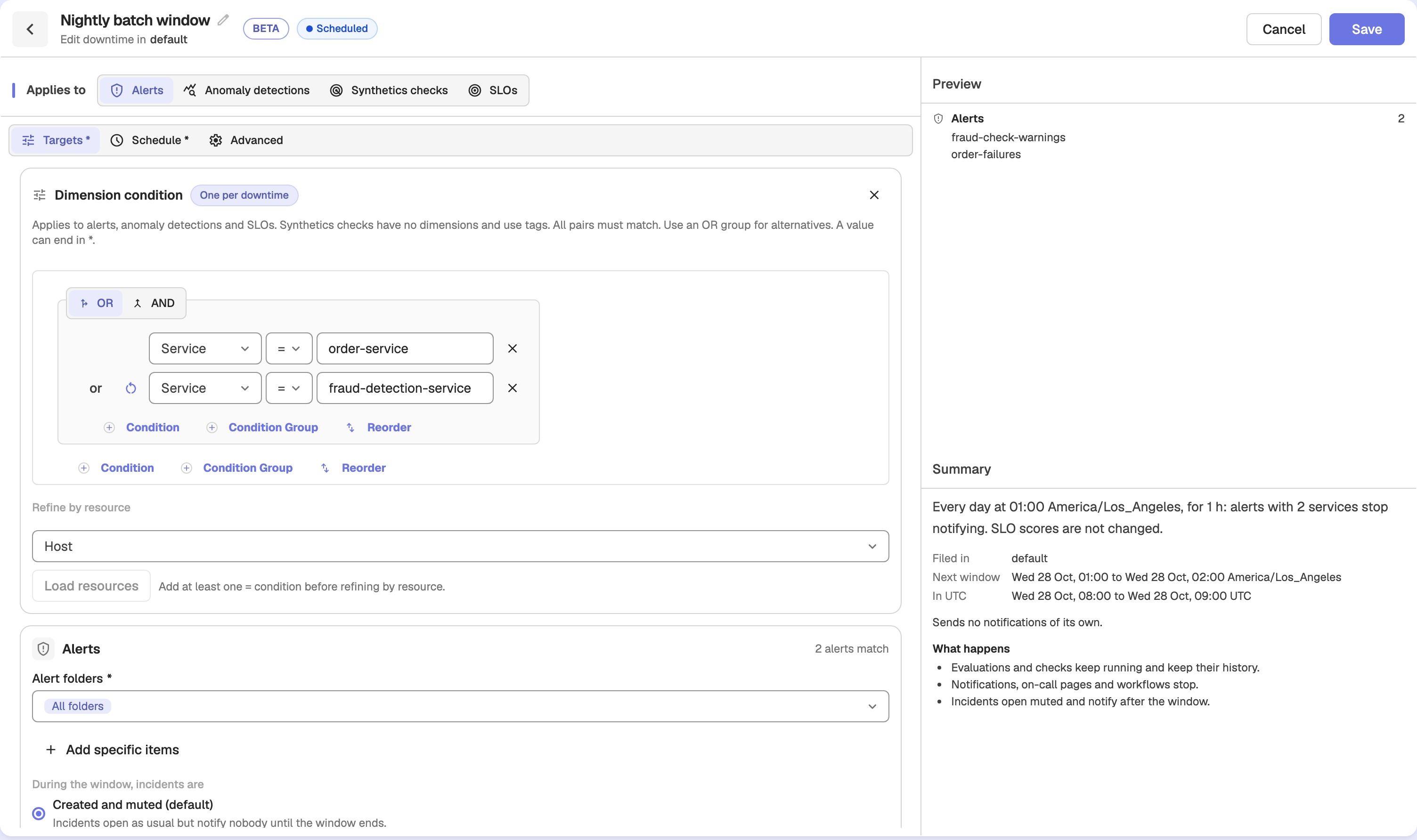 Dimension condition with an OR group matching two services, and the Preview pane listing the two matching alerts