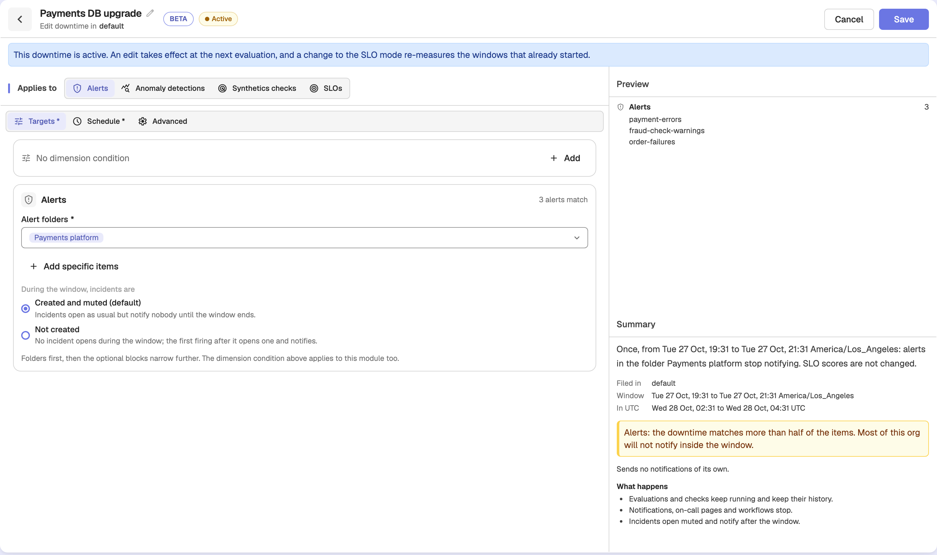 Downtime form with Alerts chosen under Applies to, an Alerts target limited to one folder, and the Preview and Summary panes