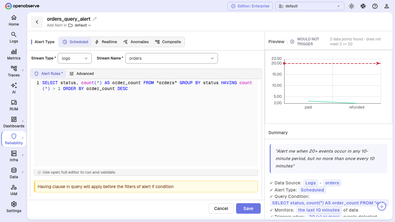 SQL HAVING clause warning banner in the multi-alert condition
