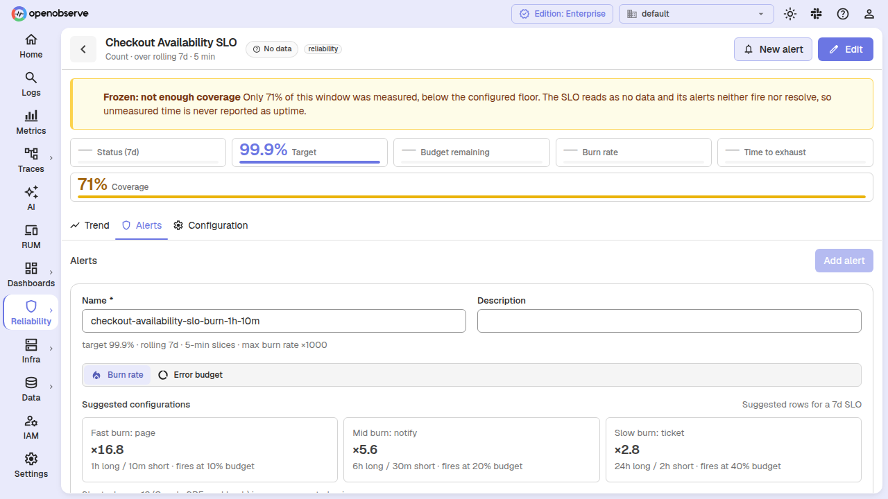 SLO alert creation form with SLO selector