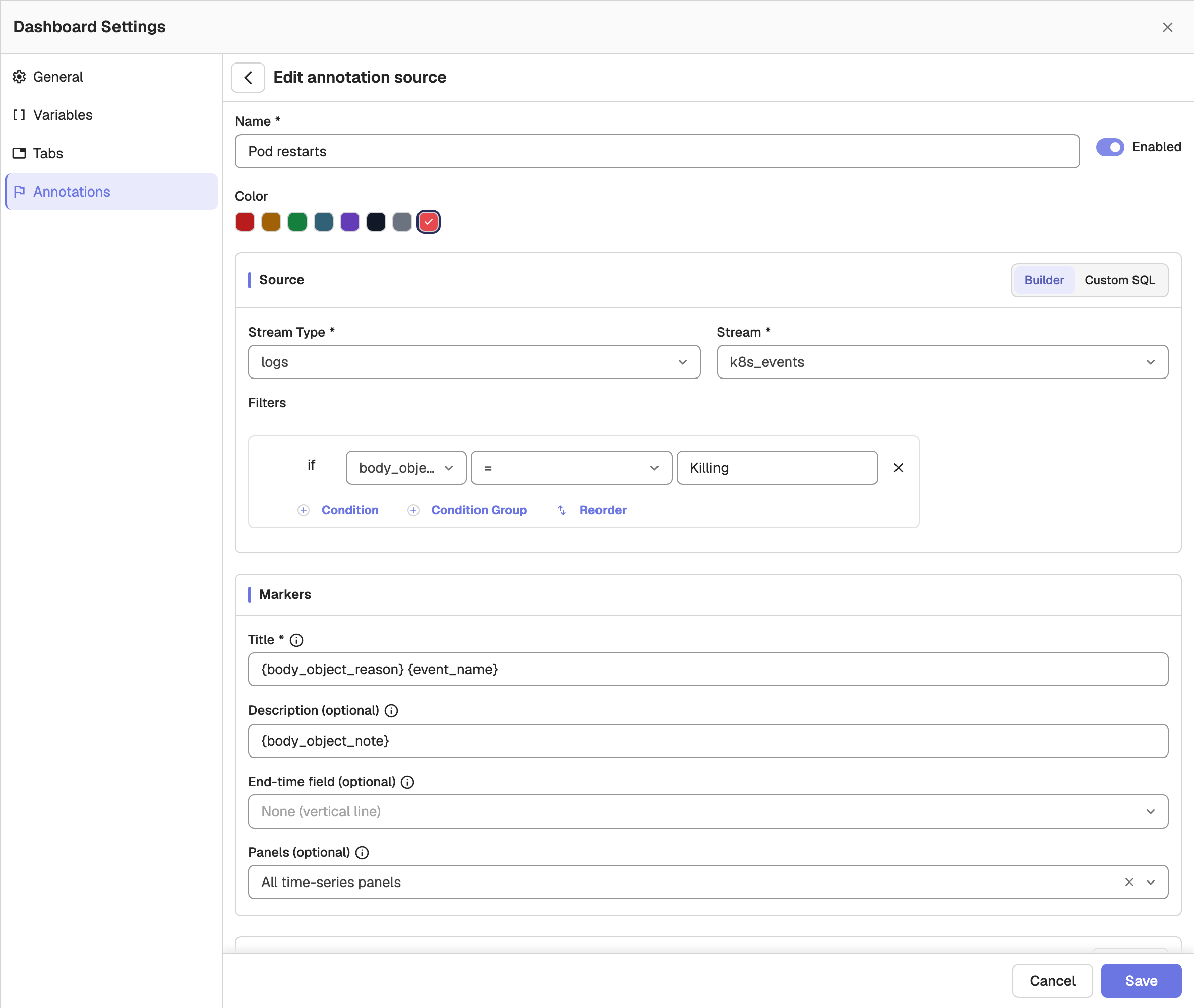 The annotation source form in Builder mode, filtering the k8s_events stream on body_object_reason = Killing