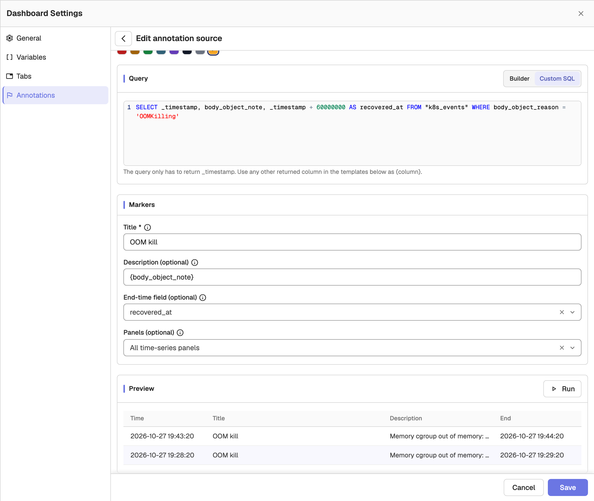 The annotation source form in Custom SQL mode, with an end-time field set and the Preview table showing two rows