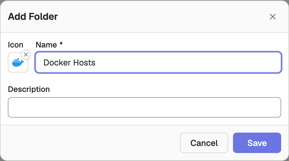 Add Folder dialog with the Icon field to the left of the Name field, showing the Docker logo suggested for the name Docker Hosts