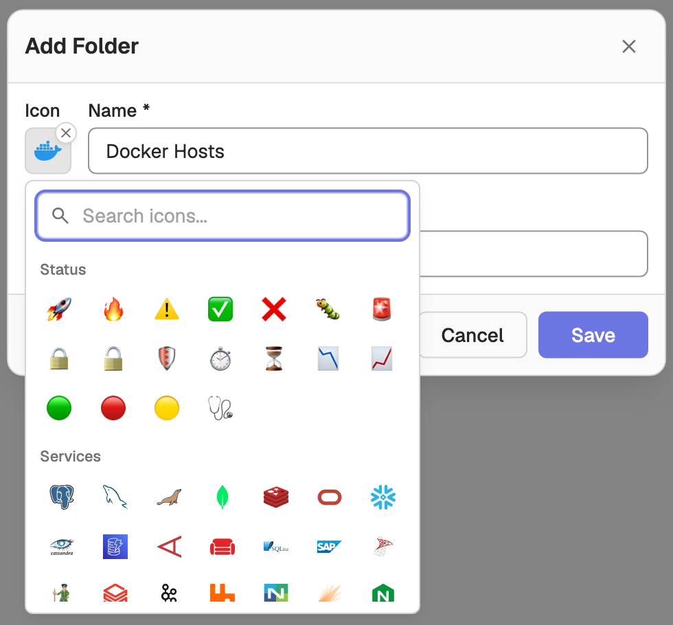 Folder icon picker open below the Icon field, with the Search icons box and the Status and Services groups