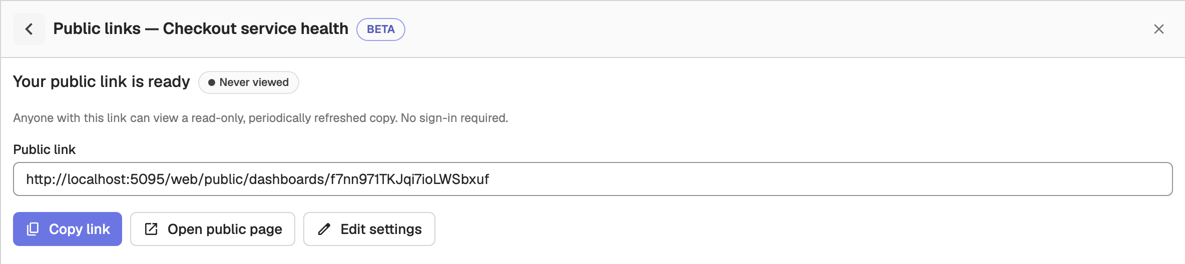 Your public link is ready, with the public URL and the Copy link, Open public page and Edit settings buttons