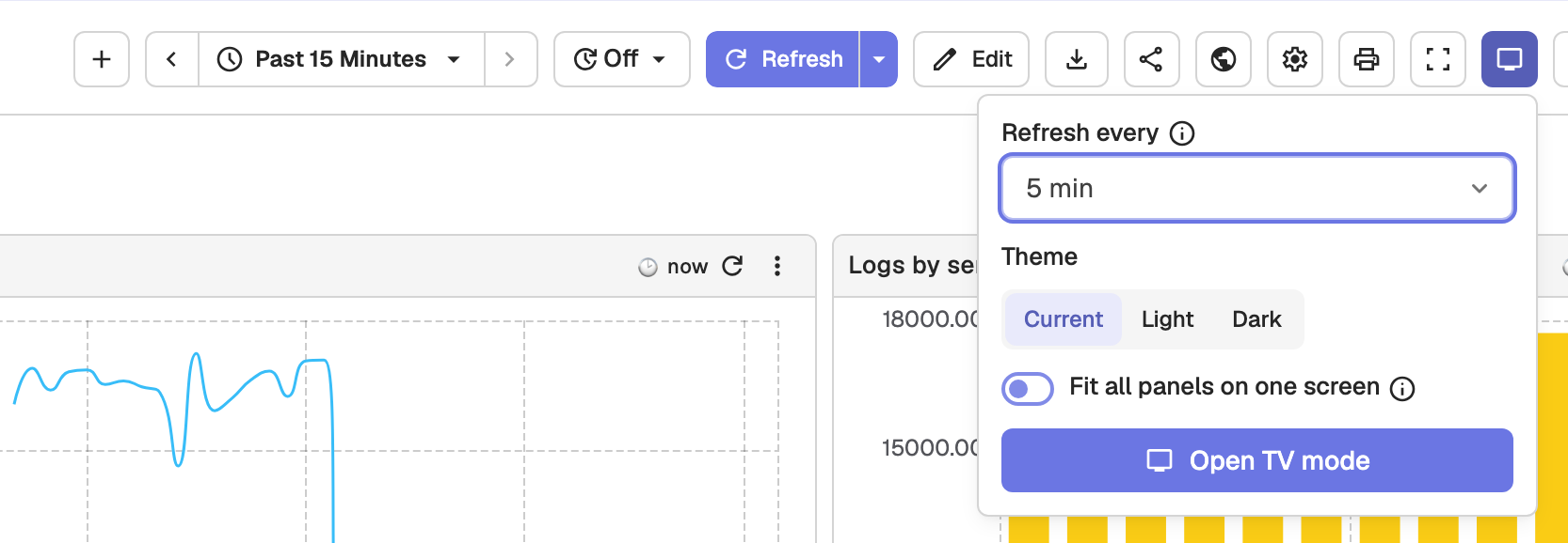 TV mode setup popover with the Refresh every, Theme, and Fit all panels on one screen options