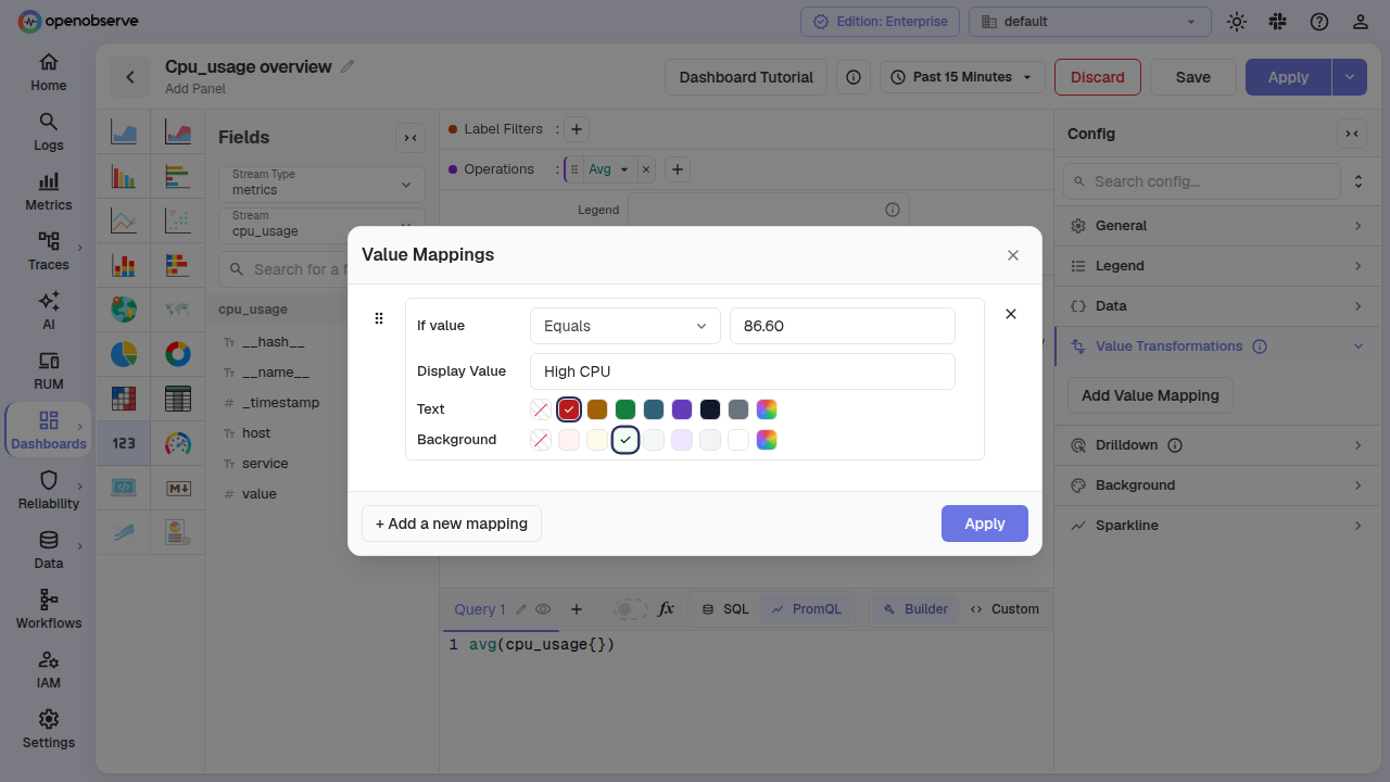 Value Mappings dialog with an Equals mapping that shows High CPU