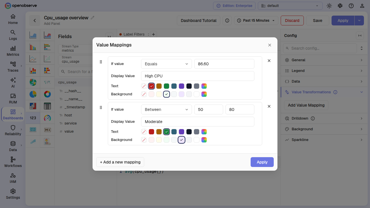 Two mappings, Equals and Between, each with text and background color swatches