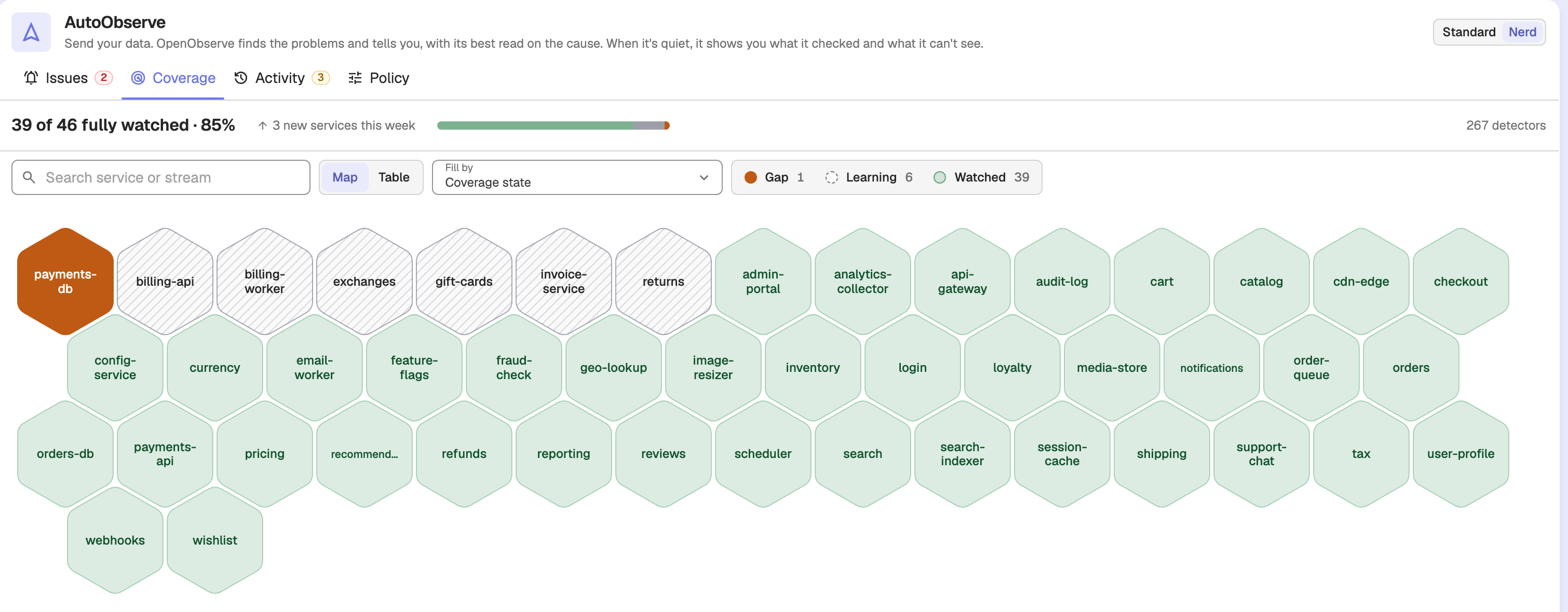 AutoObserve Coverage tab map view with services drawn as hexagons