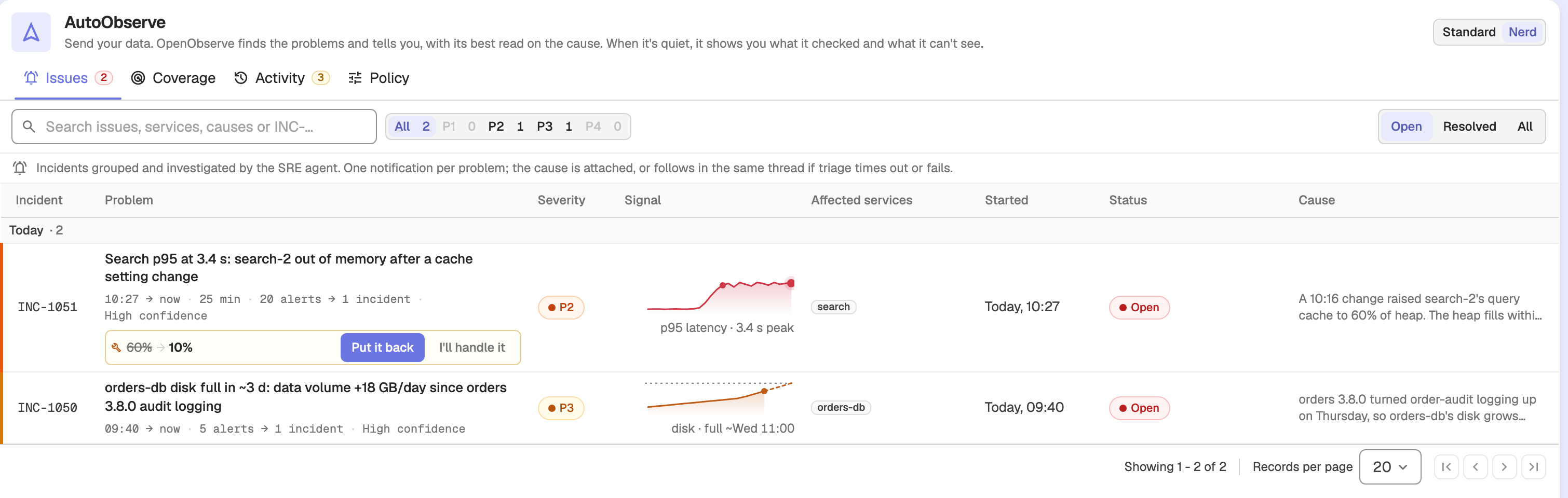 AutoObserve Nerd view Issues tab with the incident table