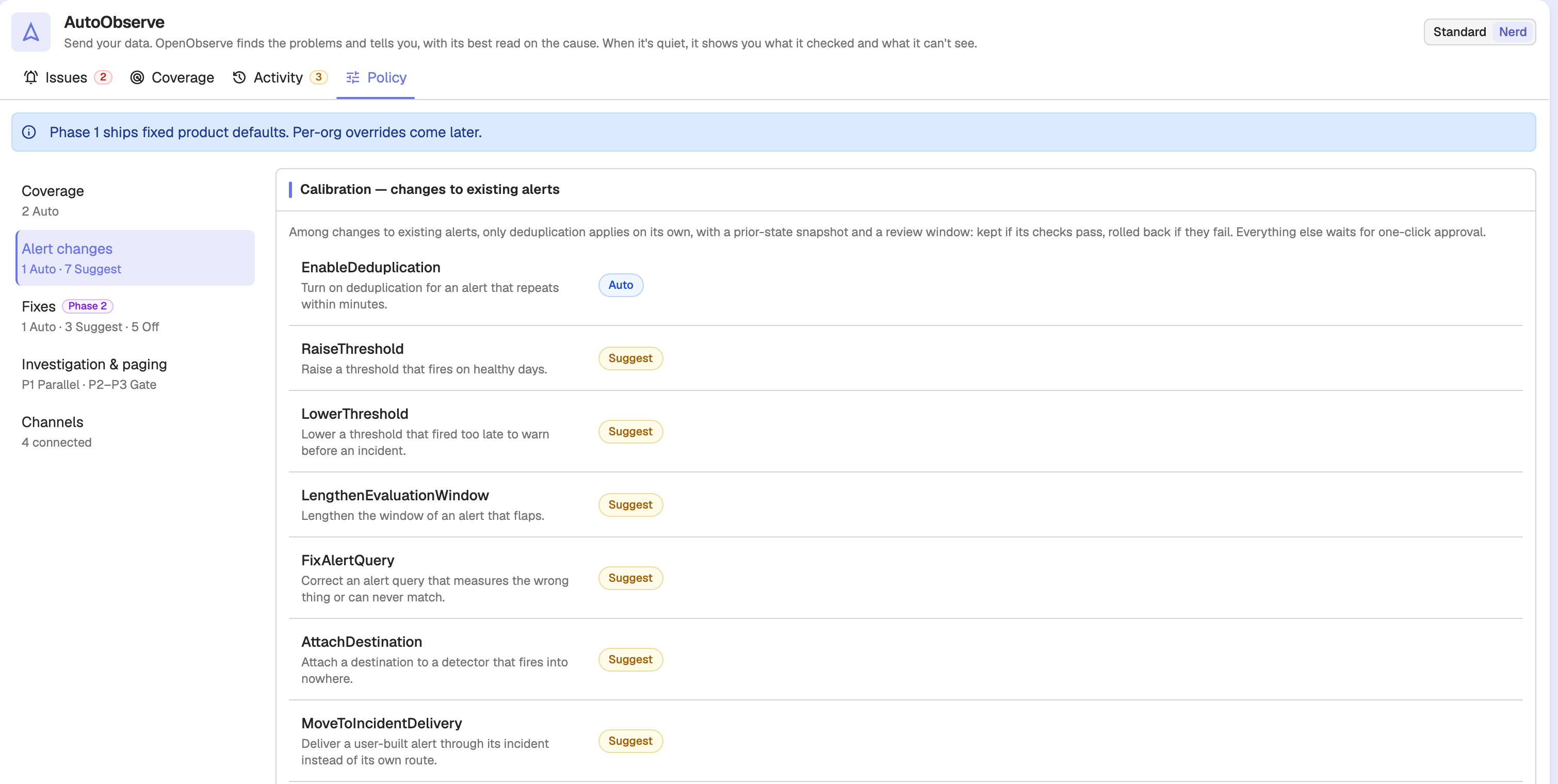 AutoObserve Policy tab showing the Alert changes section and the mode of each action class