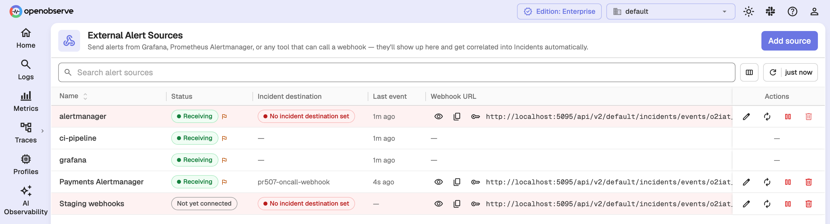 External Alert Sources page listing the default source and additional sources with their status, incident destination, and webhook URL