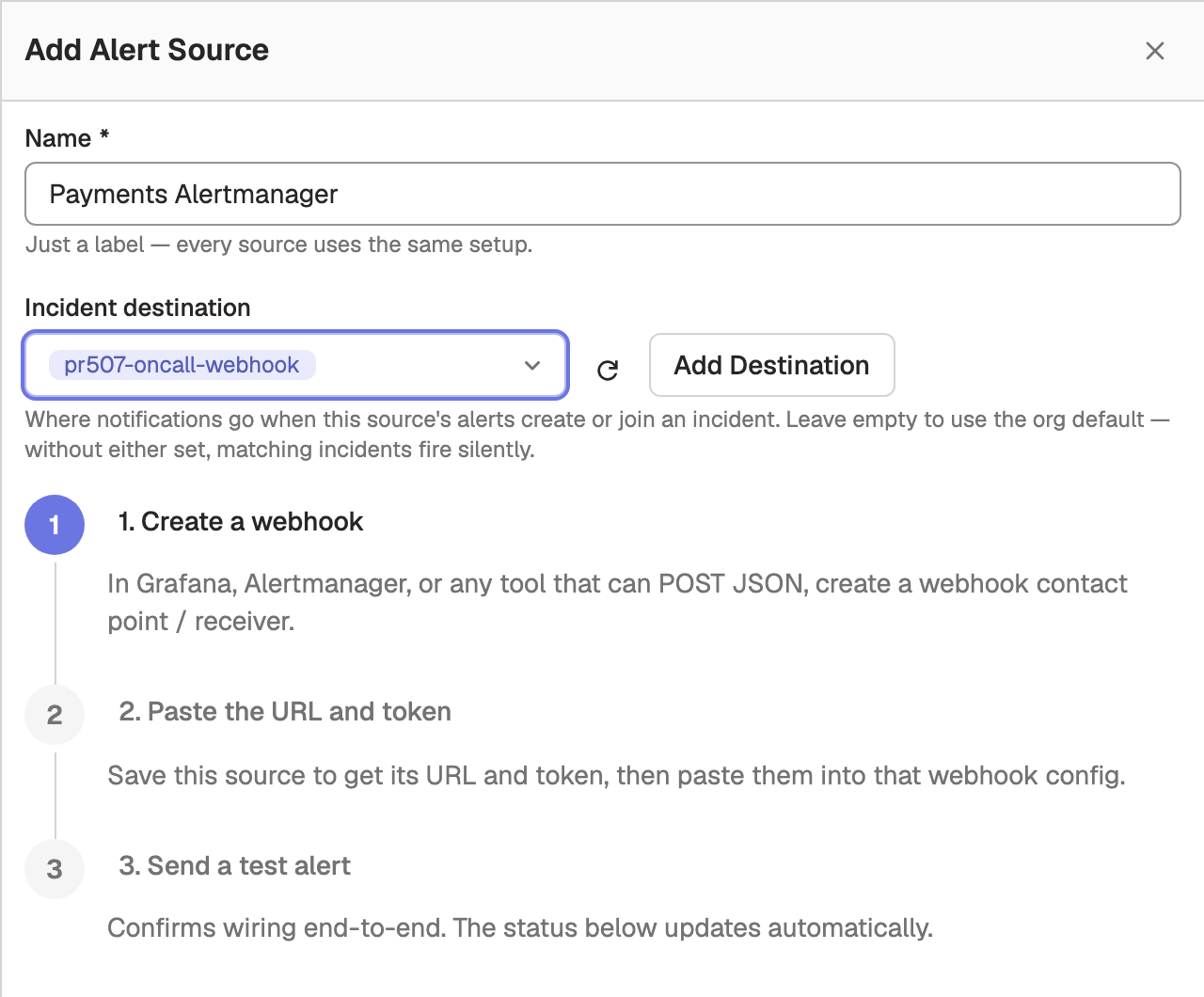 Add Alert Source drawer with the Name and Incident destination fields and the three setup steps