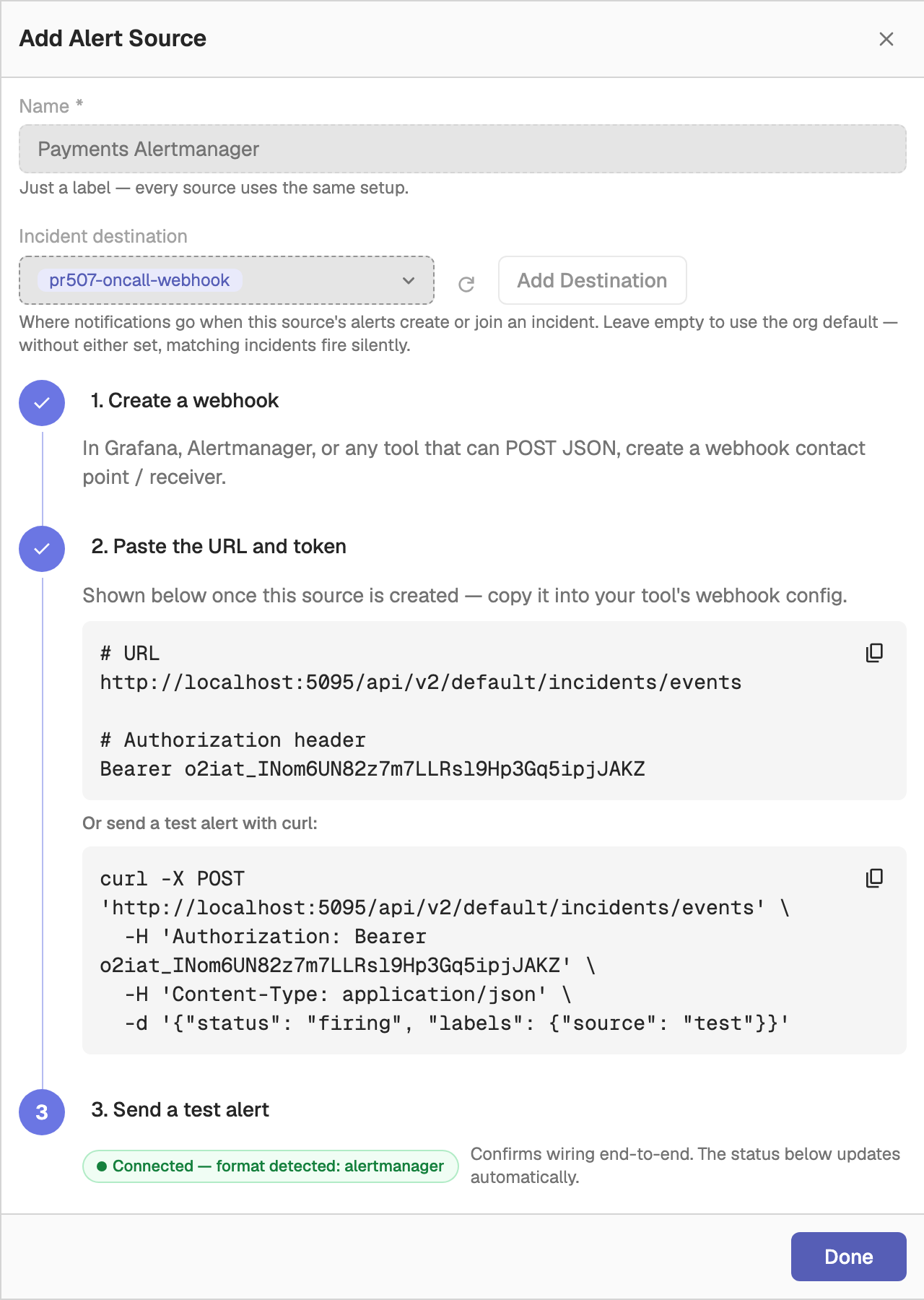 Add Alert Source drawer after saving, showing the URL, Authorization header, test curl command, and the Connected status