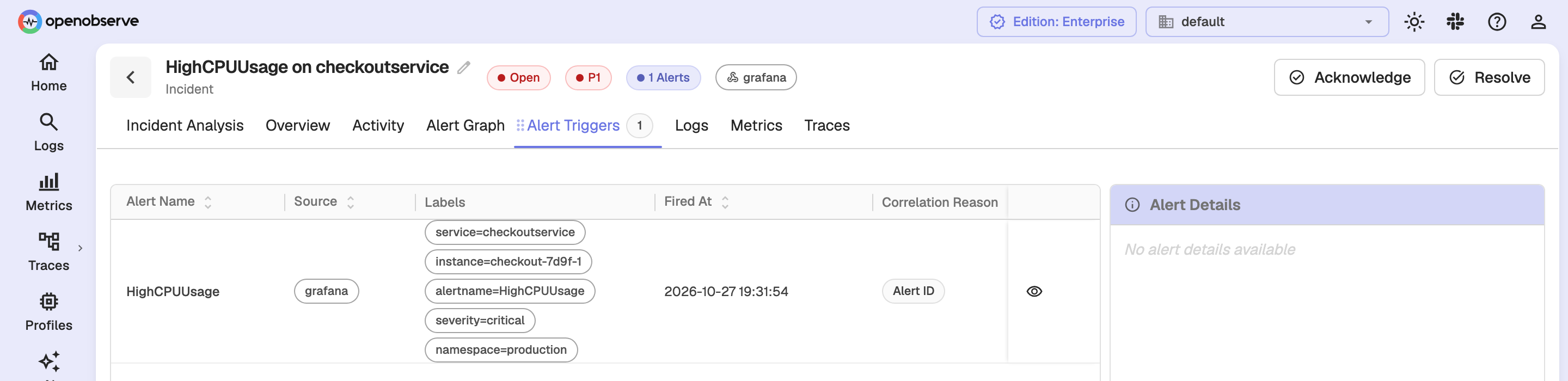 Alert Triggers tab of an incident listing an external alert with its source and labels